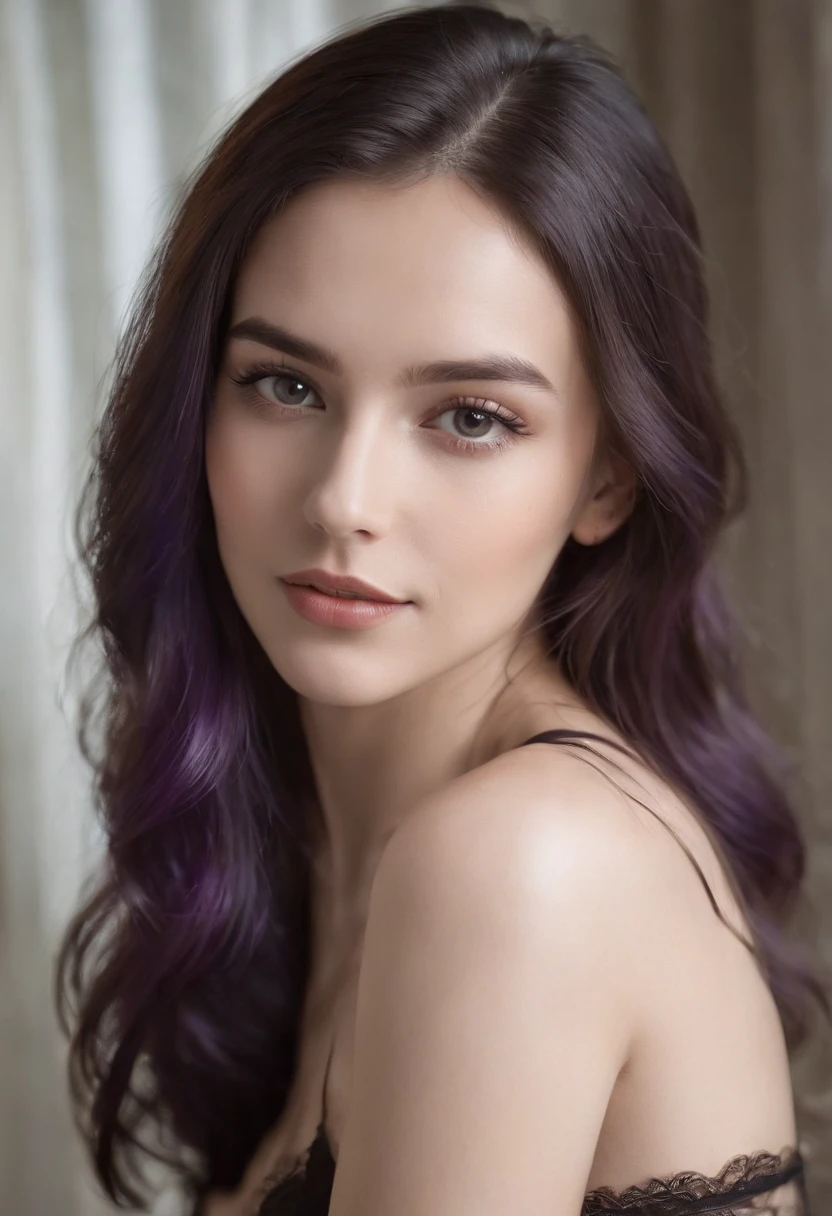 Foto realista, beautiful woman young 20 years old, piel blanca brillante, Black lingerie, delgada, long purple hair loose back, Eyes looking at the camera, maquillaje ligero, sonriendo, Clear lighting, colores vividos, textura realista, sensual, 小脸, small eyebrows, cuerpo completo