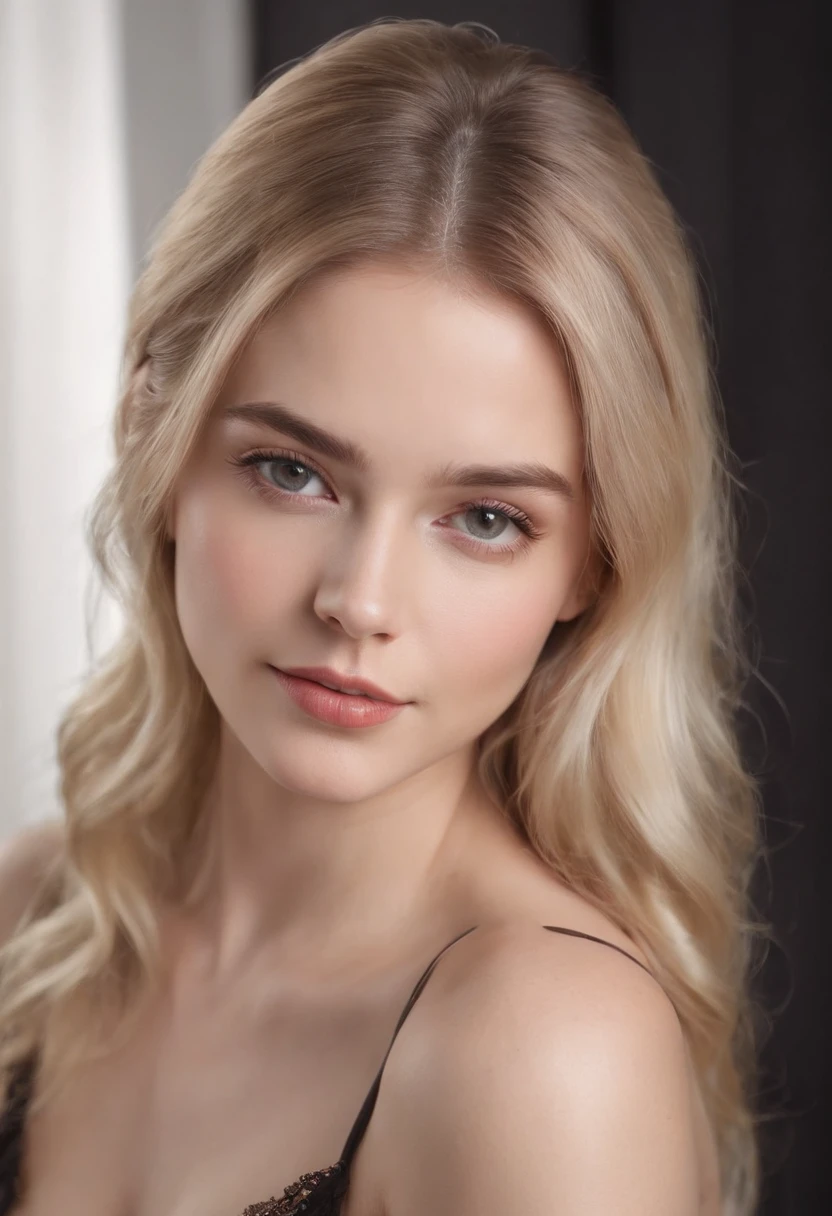 Foto realista, beautiful woman young 20 years old, piel blanca brillante, Black lingerie, delgada, long blonde hair loose back, Eyes looking at the camera, maquillaje ligero, sonriendo, Clear lighting, colores vividos, textura realista, sensual, 小脸, small eyebrows