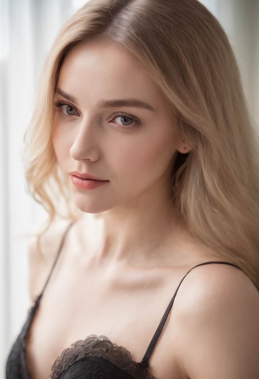 Foto realista, beautiful woman young 20 years old, piel blanca brillante, Black lingerie, delgada, long blonde hair loose back, Eyes looking at the camera, maquillaje ligero, sonriendo, Clear lighting, colores vividos, textura realista, sensual, 小脸, small eyebrows