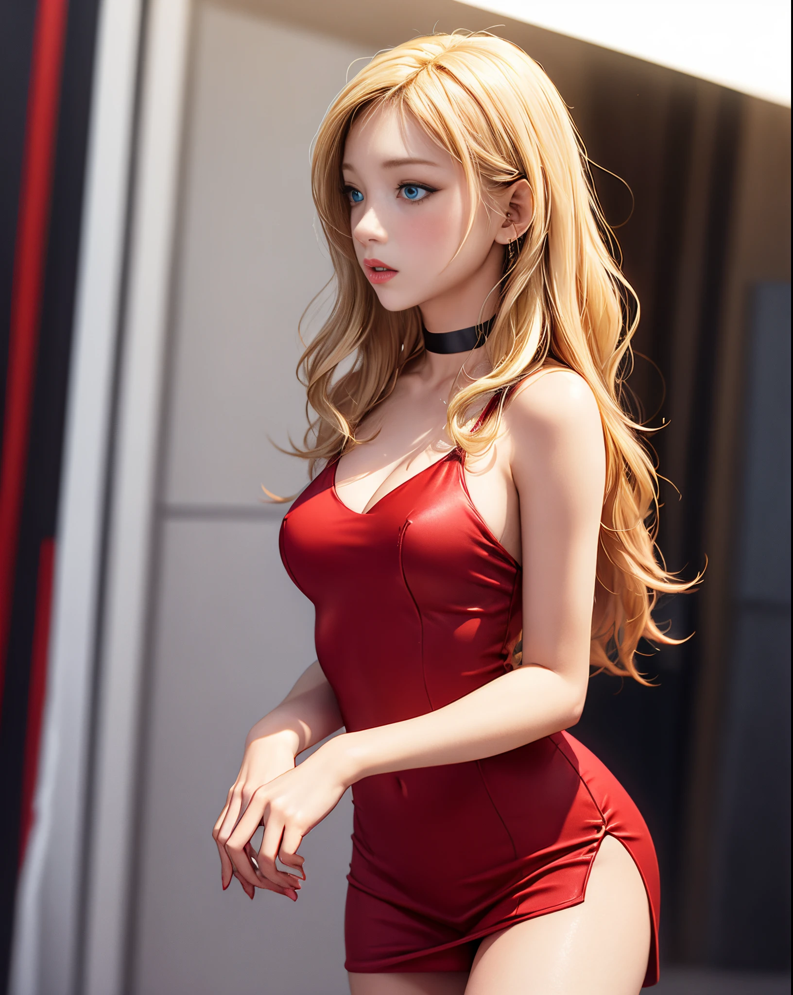 blonde red dress blue eyes girl
