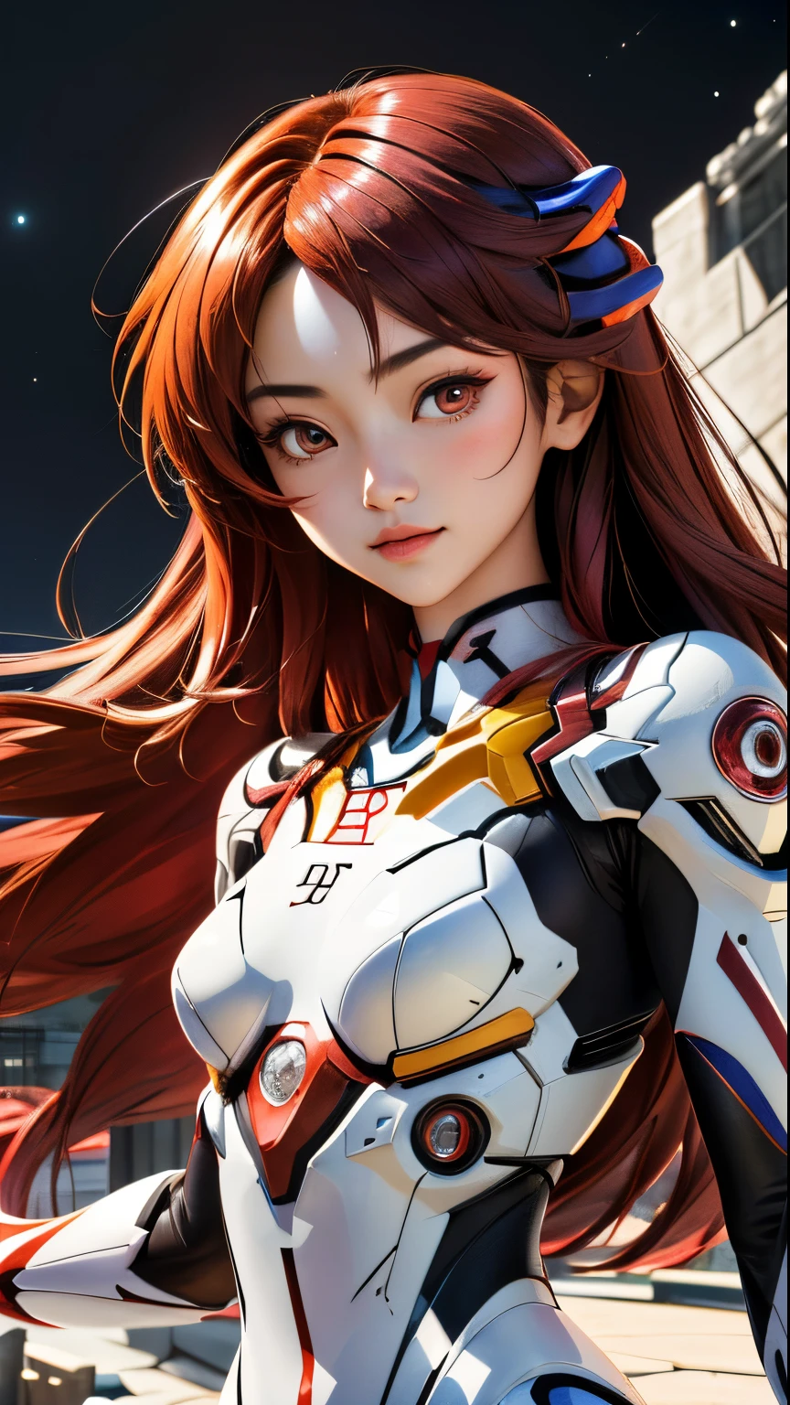 (best quality, masterpiece, colorful, dynamic angle, highest detailed)(Asuka Langley), 37 year old Asian woman,(thailand woman:1.5), upper body photo, fashion photography of cute red long hair, girl (mai kuraki), dressing high detailed Evangelion white suit (high resolution textures), in dynamic pose, bokeh, (intricate details, hyperdetailed:1.15), detailed, moonlight passing through hair, perfect night, (fantasy art background), (official art, extreme detailed, highest detailed), HDR+