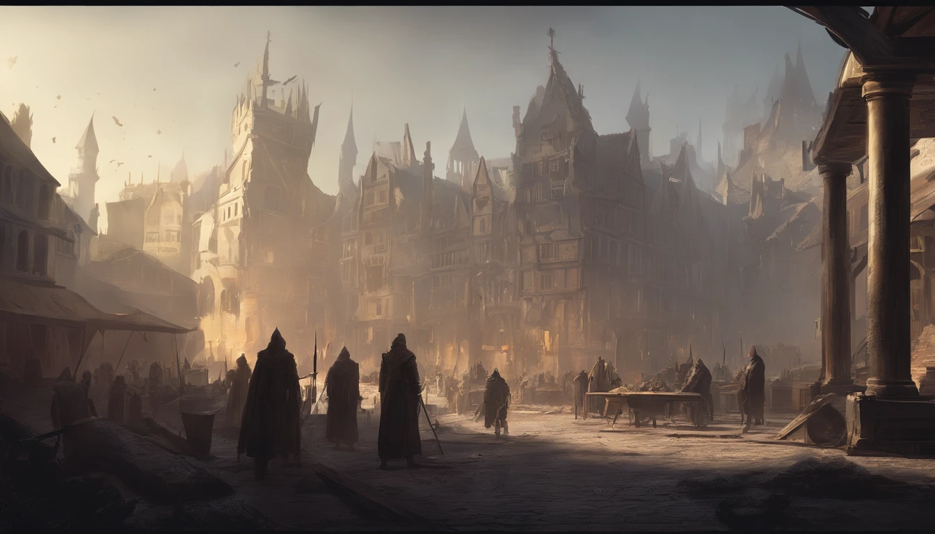 medieval dark fantasy city square with on a sunny day with cold yellow sunlight. There is an ongoing execution and the air smells of blood and death and people are beheaded. There is wooden platform full of dead bodies