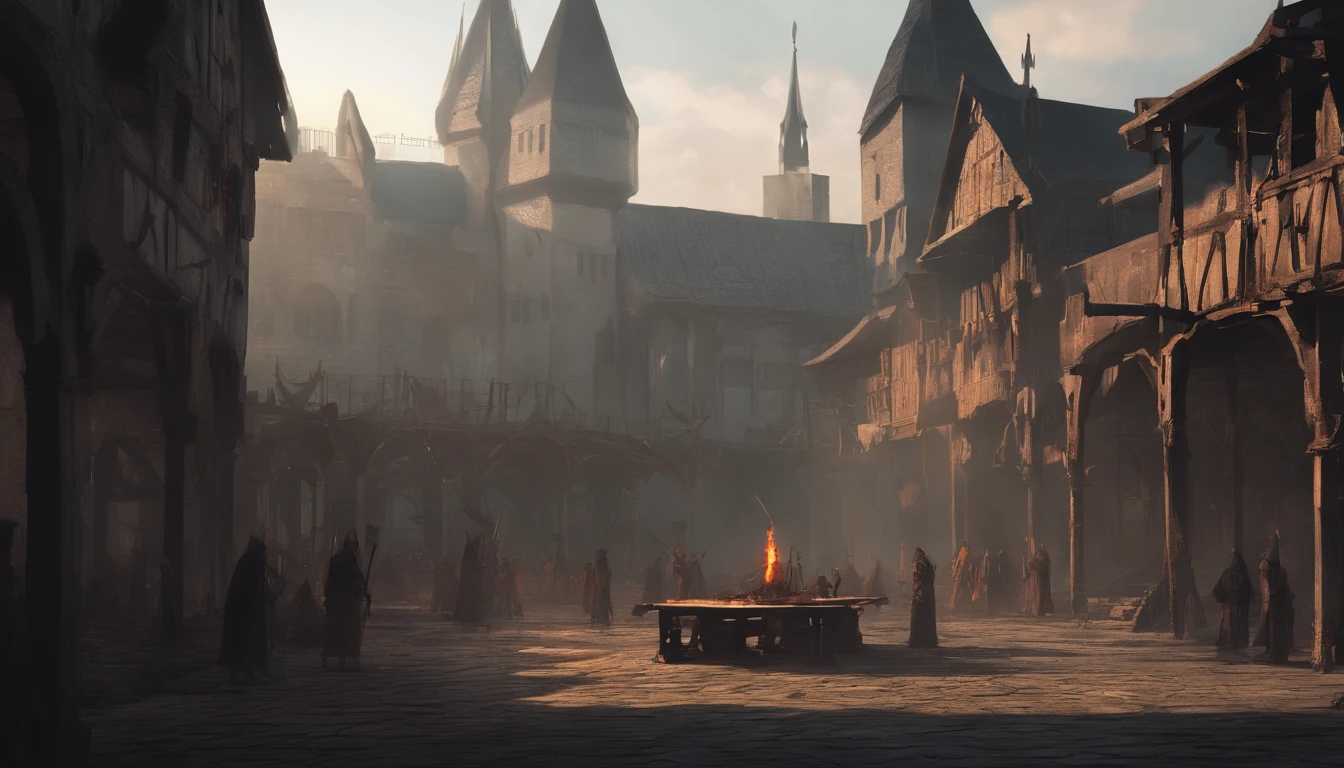 medieval dark fantasy city square with on a sunny day with cold yellow sunlight. There is an ongoing execution and the air smells of blood and death and people are beheaded. There is wooden platform full of dead bodies