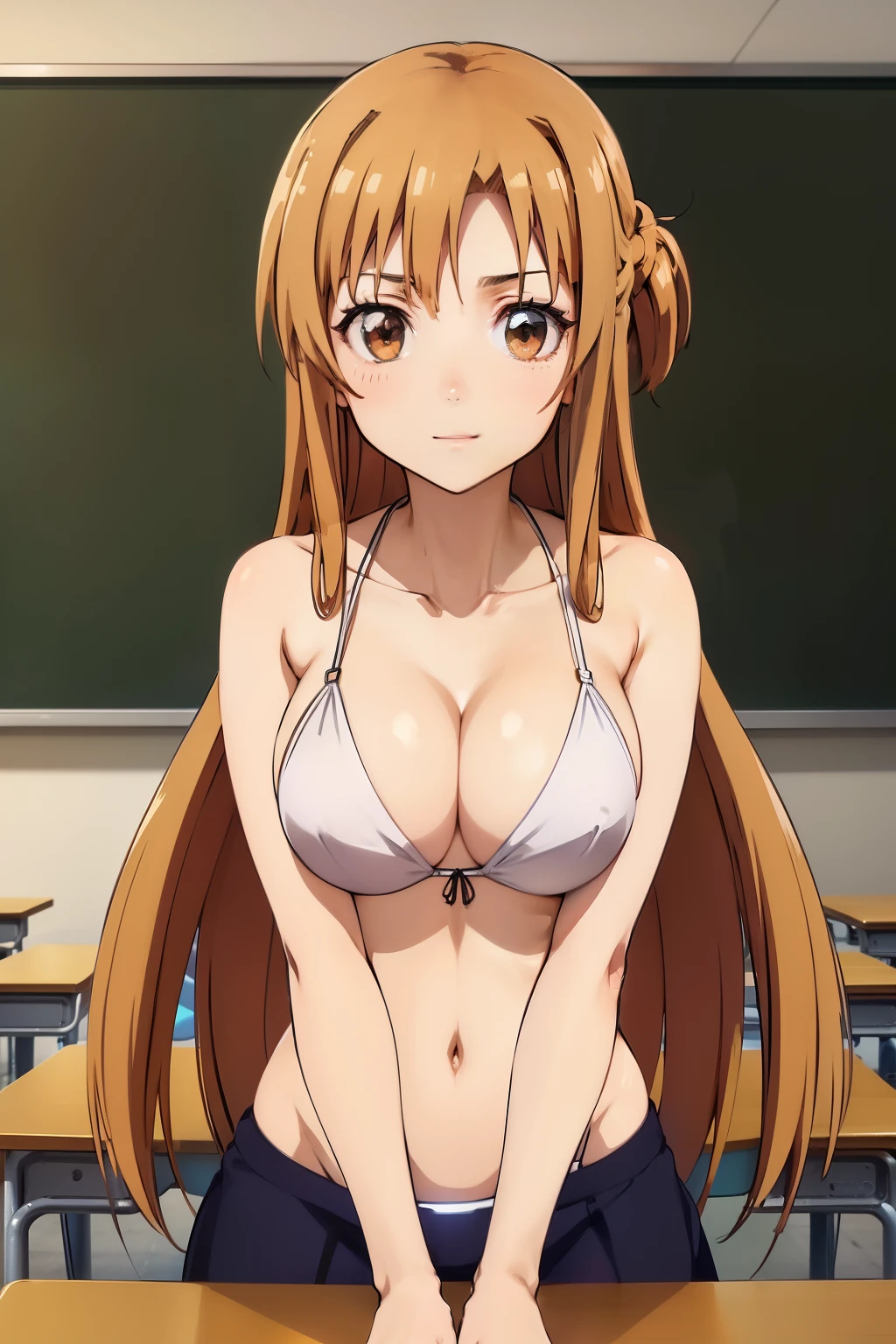 ((masutepiece, Best Quality, High resolution, anime screen cap, anime colours, in 8K, anime keyvisual)):1.5, Asuna, 1girl in, Cute, Shy smile, (Light brown long hair:1.5), years, (Oversized large sagging breasts:1.5), cleavage, ((White Micro Bikini:1.5, Thin fabric)), Navel Ejection, Lower your arms, leaning forward, Upper body, Classroom, ((Perfect Anatomy, beautifull detailed face, Beautiful detailed eyes, beautiful detailed hair, Beautiful detailed body)), thick outline, Beautiful outlines, black outlines