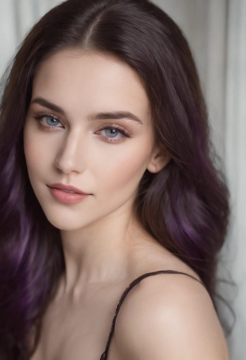 Foto realista, beautiful sensual young woman 20 years old, piel blanca , Black lingerie, delgada, long purple hair loose back, Eyes looking at the camera, maquillaje ligero, sonriendo, Clear lighting, colores vividos, textura realista, sensual