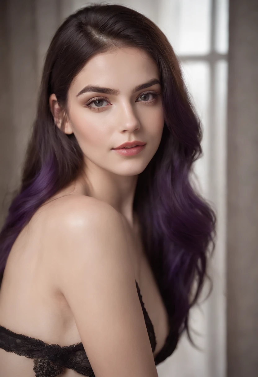 Foto realista, beautiful sensual young woman 20 years old, piel blanca , Black lingerie, delgada, long purple hair loose back, Eyes looking at the camera, maquillaje ligero, sonriendo, Clear lighting, colores vividos, textura realista, sensual