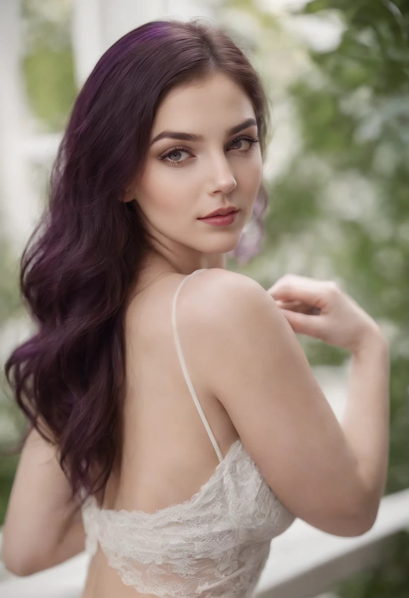 Foto realista, beautiful sensual young woman 20 years old, piel blanca , Black lingerie, delgada, long purple hair loose back, Eyes looking at the camera, maquillaje ligero, sonriendo, Clear lighting, colores vividos, textura realista, sensual