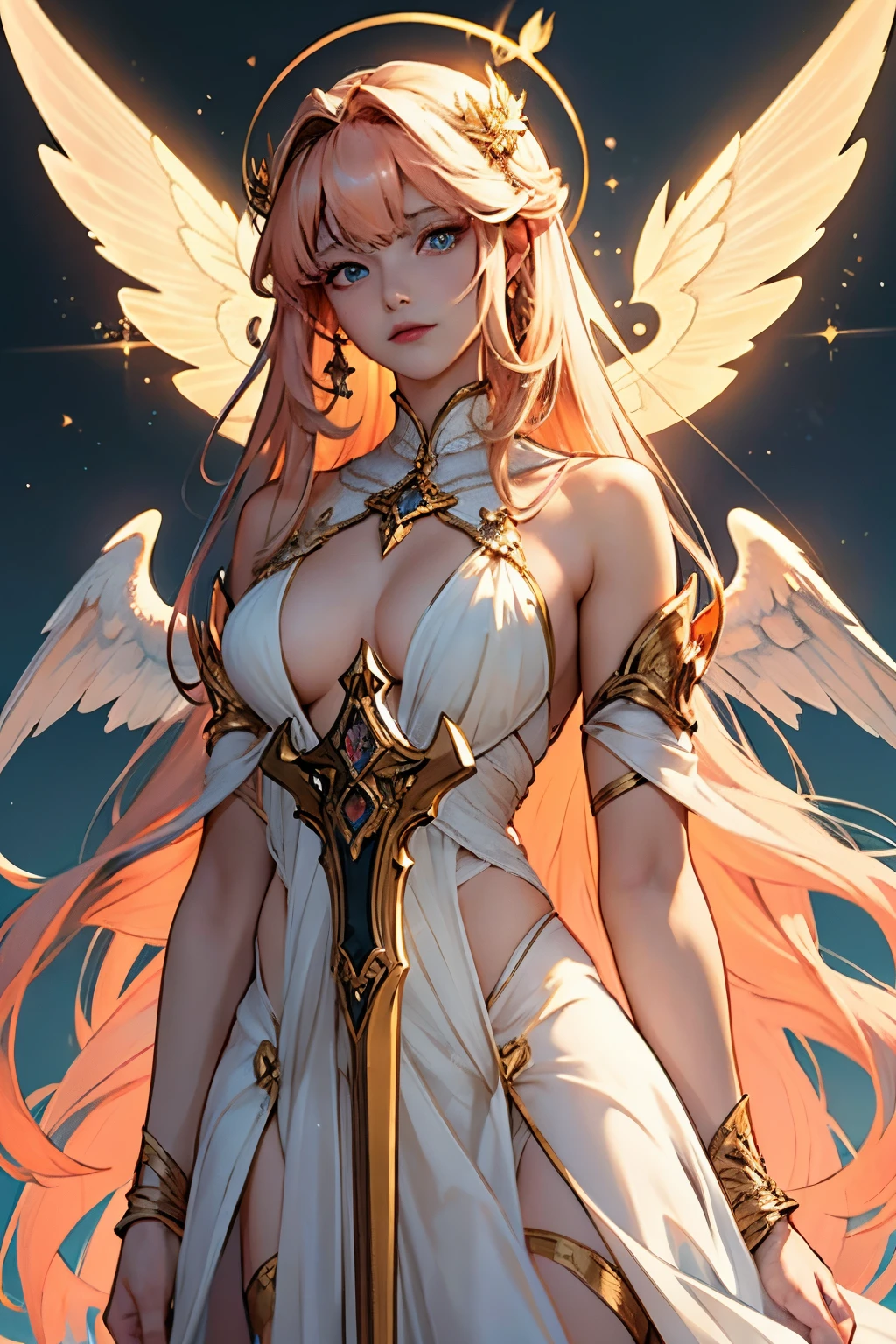 Um anjo, of a celestial entity that has no human characteristics. This divine entity is to be represented as an ethereal and transcendental being. She must have a radiant and ethereal body, composed of interlaced golden rings and 12 white moth white wings, Mothee's wings and thousands of enormous eyes spanning the entire length of the angel's body, usando um vestido volumoso , Long voluminous peach curly hair with bangs holding a golden AK47