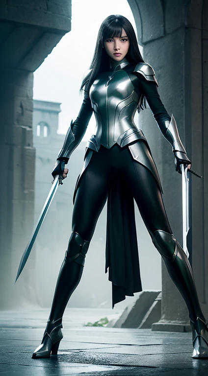 teenage woman, small breasts, green eyes, epic stark lighting, realistic photo, digital art, full body, panoramic image, hero pose, attack posture, short sword, long black hair with bangs, white skin, green eyes, silver heavy armor, full body image, angles from bottom to top, digital art, medieval,