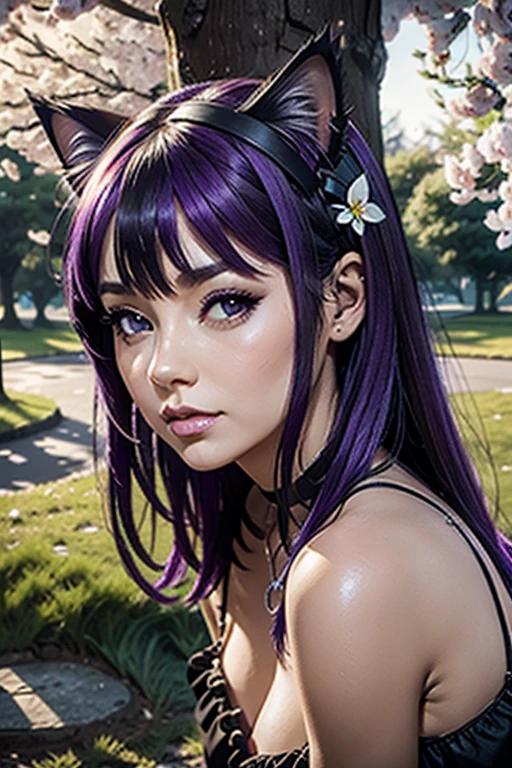 Only one woman , There's an adult woman in a park,in winter, 35 years old, hands on a tree, Santa Mother costume, cat ears, Dark purple hair, black hair and purple streaks, cat ears on head, beautiful chest, Second life avatar, Beautifullscreenshot, Second life,, face view, Front view, seductive woman, high quality, Very detailed skin