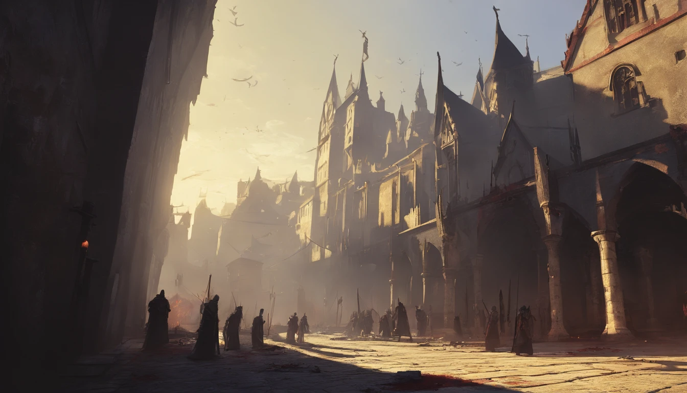 medieval dark fantasy city square with on a sunny day with cold yellow sunlight. There is an ongoing execution and the air smells of blood and death and people are beheaded. There is wooden platform covered in blood and a pile of dead bodies on the side.