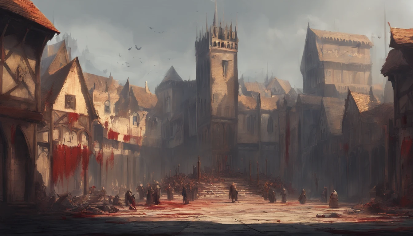 medieval dark fantasy city square with on a sunny day with cold yellow sunlight. There is an ongoing execution and the air smells of blood and death and people are beheaded. There is wooden platform covered in blood and a pile of dead bodies on the side.