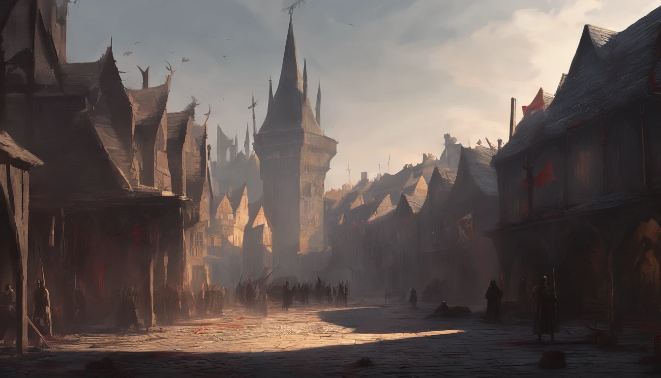 medieval dark fantasy city square with on a sunny day with cold yellow sunlight. There is an ongoing execution and the air smells of blood and death and people are beheaded. There is wooden platform covered in blood and a pile of dead bodies on the side.
