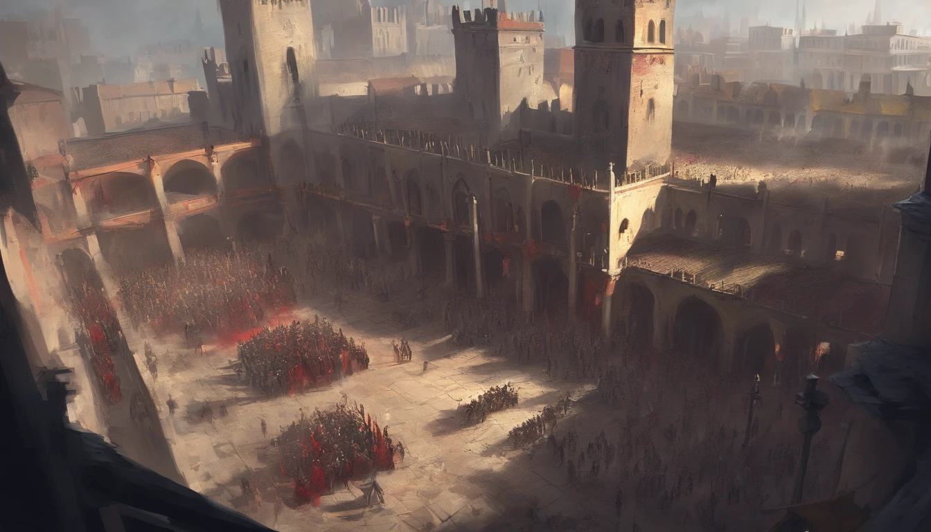 medieval dark fantasy city square with on a sunny day with cold yellow sunlight. There is an ongoing execution and the air smells of blood and death and people are beheaded. There is wooden platform covered in blood and a pile of dead bodies on the side. Many people are watching the public execution.
