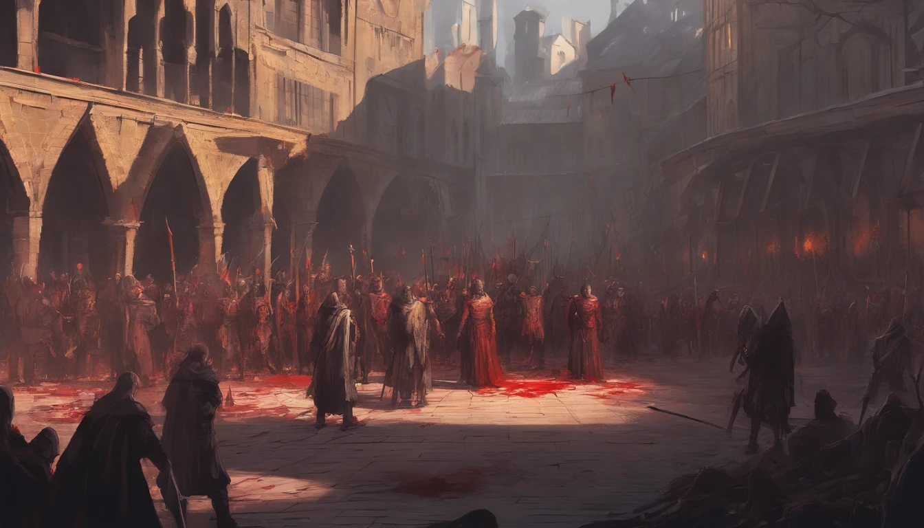 medieval dark fantasy city square with on a sunny day with cold yellow sunlight. There is an ongoing execution and the air smells of blood and death and people are beheaded. There is wooden platform covered in blood and a pile of dead bodies on the side. Many people are watching the public execution.
