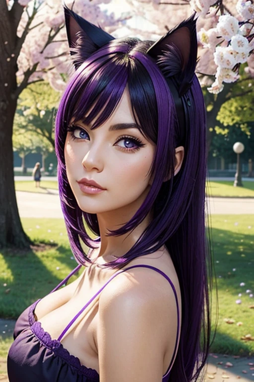 Only one woman , There's an adult woman in a park, 35 years old, Bending foward, Blowing a kiss,  Spring Dress, cat ears,, Dark purple hair, black hair and purple streaks, cat ears on head, beautiful chest, Second life avatar, Beautifullscreenshot, Second life,, face view, Front view, seductive woman, high quality, Very detailed skin