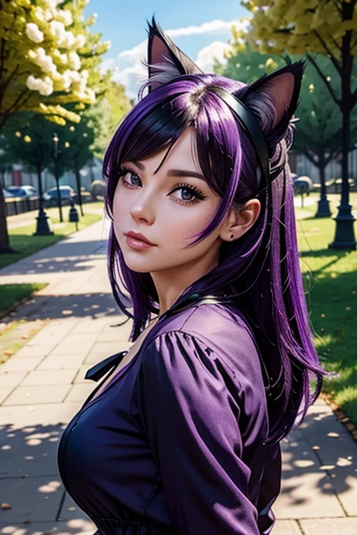 Only one woman , There's an adult woman in a park, 35 years old, Bending foward, Blowing a kiss to the camera, Spring Dress, cat ears,, Dark purple hair, black hair and purple streaks, cat ears on head, beautiful chest, Second life avatar, Beautifullscreenshot, Second life,, face view, Front view, seductive woman, high quality, Very detailed skin