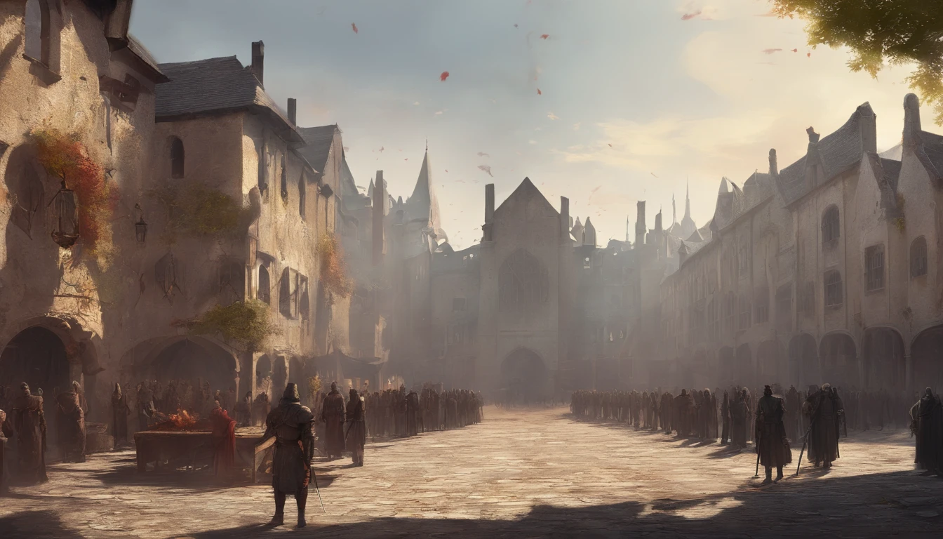 In a medieval city square on a sunny day with cold yellow sunlight. There is an ongoing execution and the air smells of blood and death and people are beheaded. There is wooden platform covered in blood and a pile of dead bodies on the side. Many people are watching the public execution in this dark fantasy.