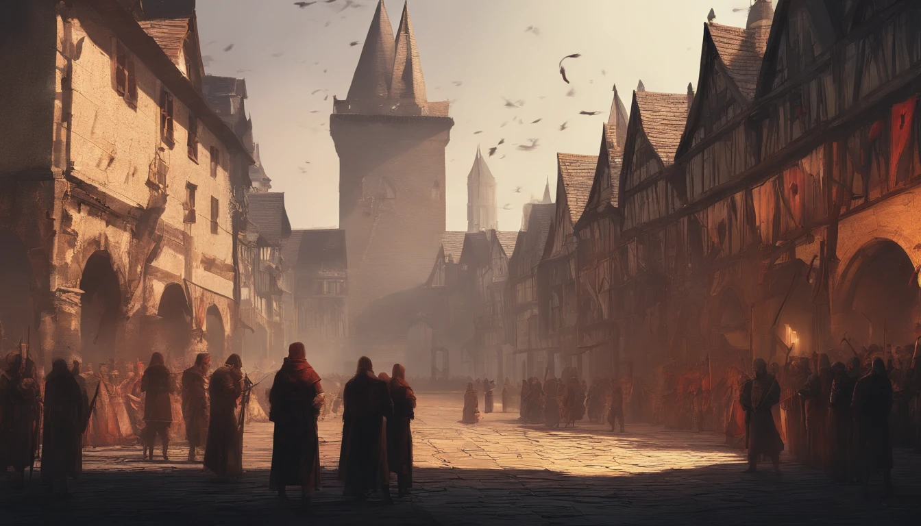 In a medieval city square on a sunny day with cold yellow sunlight. There is an ongoing execution and the air smells of blood and death and people are beheaded. There is wooden platform covered in blood and a pile of dead bodies on the side. Many people are watching the public execution in this dark fantasy.