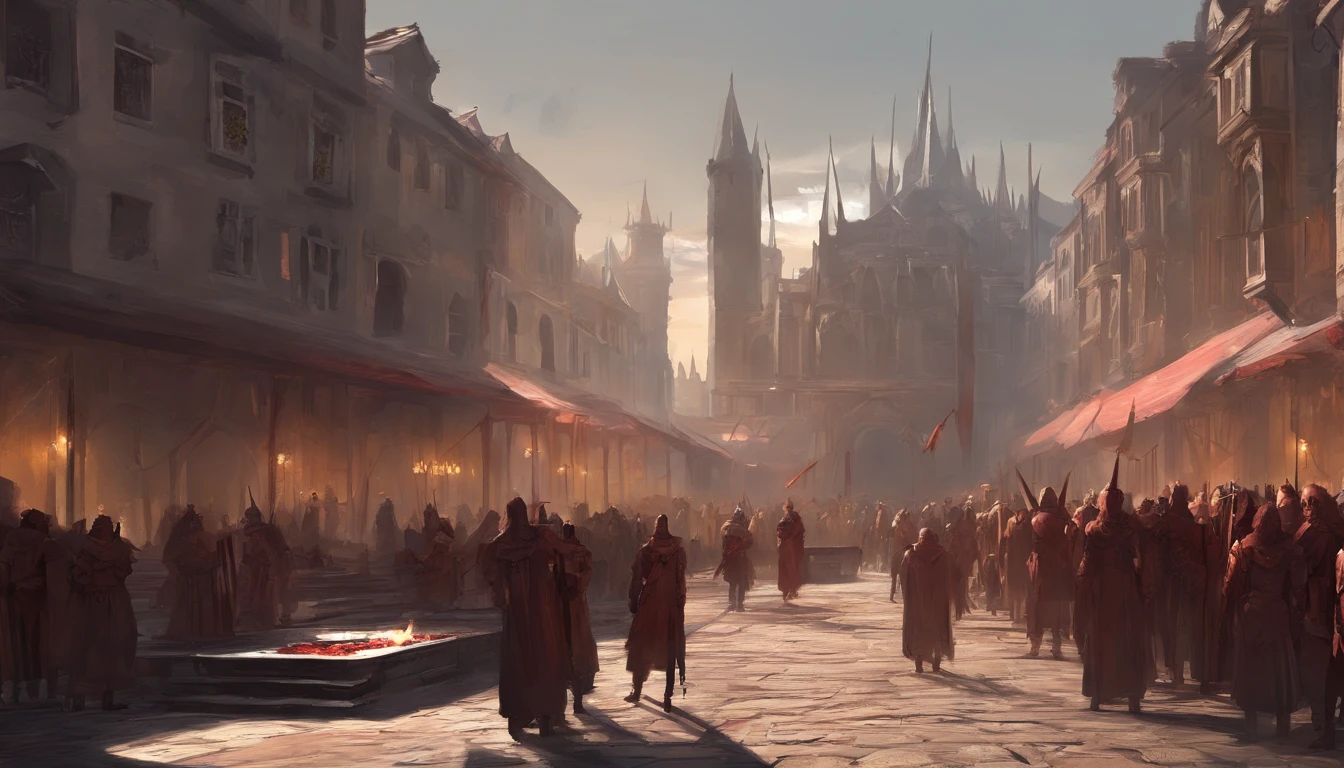 In a medieval city square on a sunny day with cold yellow sunlight. There is an ongoing execution and the air smells of blood and death and people are beheaded. There is wooden platform covered in blood and a pile of dead bodies on the side. Many people are watching the public execution in this dark fantasy.