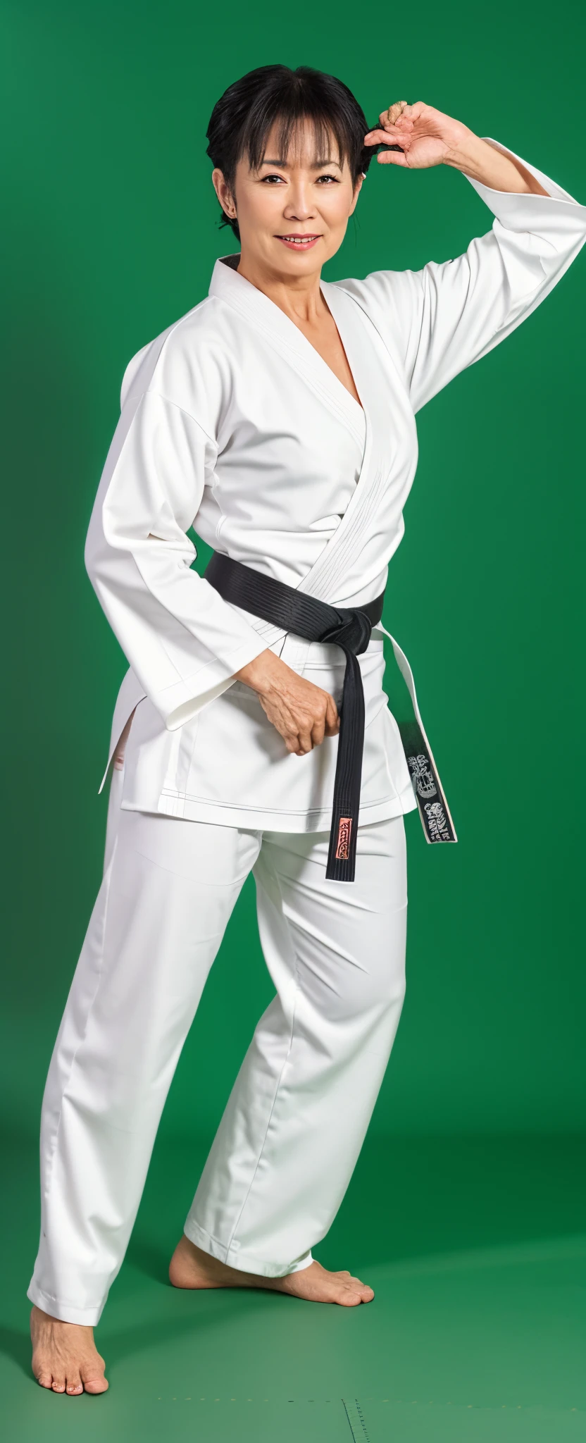 mature woman in white kimono posing for a picture, karate outfit, white belt, wearing a white gi, white uniform, inspired by Gatōken Shunshi, karate, black-white skintight robes!, karate pose, wearing nanotech honeycomb robe, combat stance, inspired by Baiōken Eishun, belts & velcro galore, swinging reflective katana