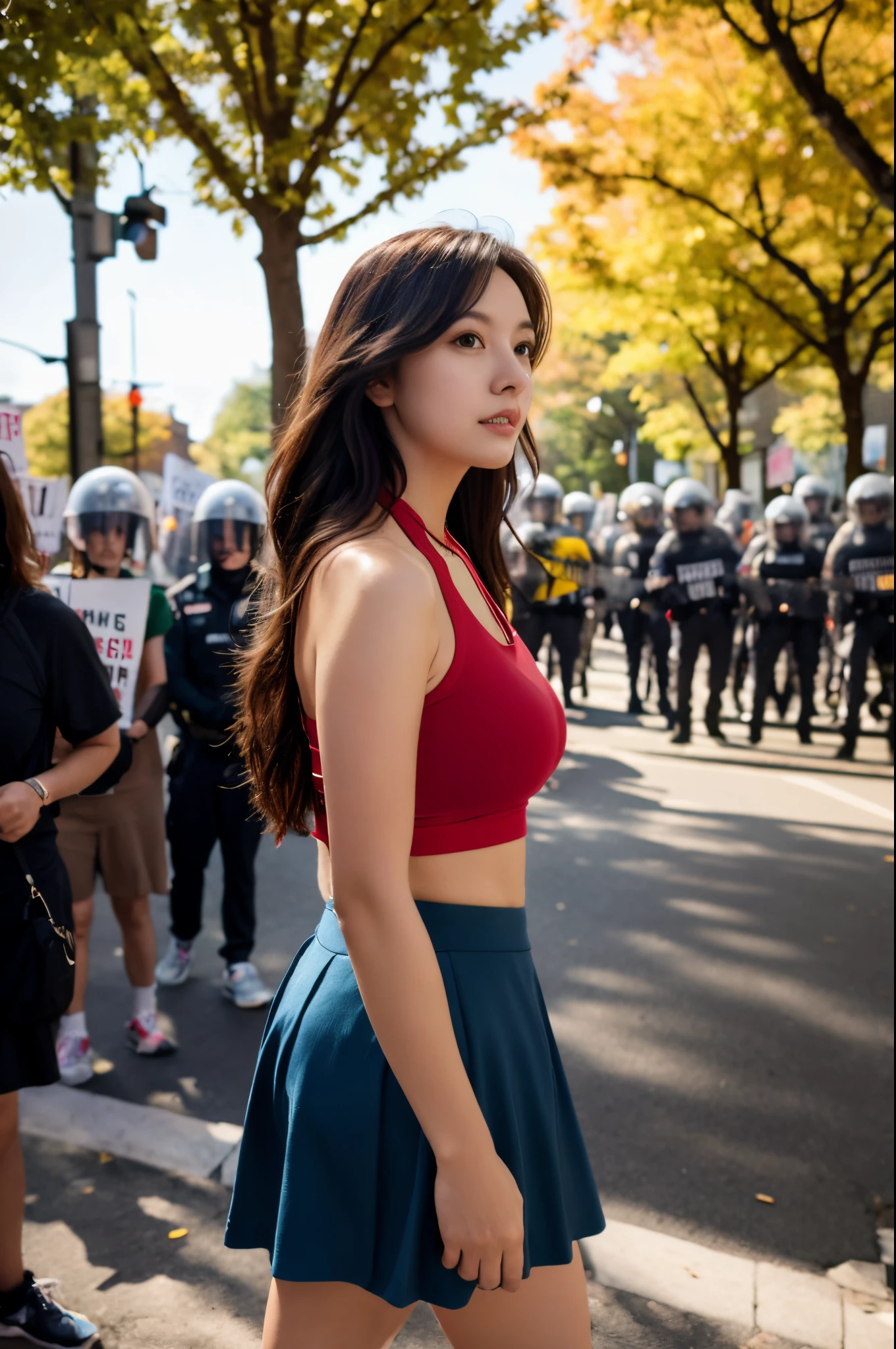 full body portrait, side view, a beautiful 22-year-old woman, facing away from camera, wearing mini skirt, running shoes and halter top, long brunette hair, not exposed, stands in a Portland, Oregon street blocked by protesters, looking away from viewer, beautiful autumn day, 8 k sensual lighting, warm lighting, 4k extremely photorealistic, cgsociety uhd 4k highly detailed, trending on cgstation, tianfeng1