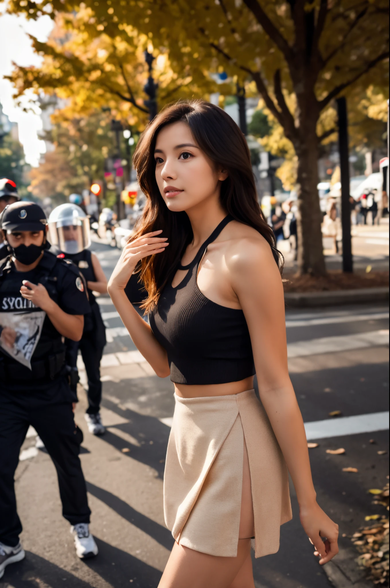 full body portrait, side view, a beautiful 22-year-old woman, facing away from camera, wearing mini skirt, running shoes and halter top, long brunette hair, not exposed, stands in a Portland, Oregon street blocked by protesters, looking away from viewer, beautiful autumn day, 8 k sensual lighting, warm lighting, 4k extremely photorealistic, cgsociety uhd 4k highly detailed, trending on cgstation, tianfeng1