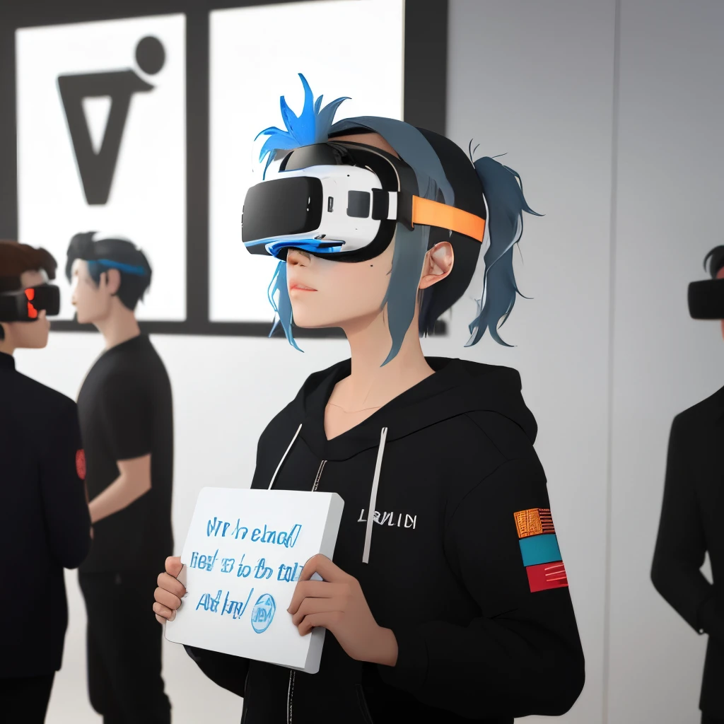 A 3-D VR chat avatar with blue hair streaks that are glowing and blue eyes that also glow holding a sign saying [VR chat images]