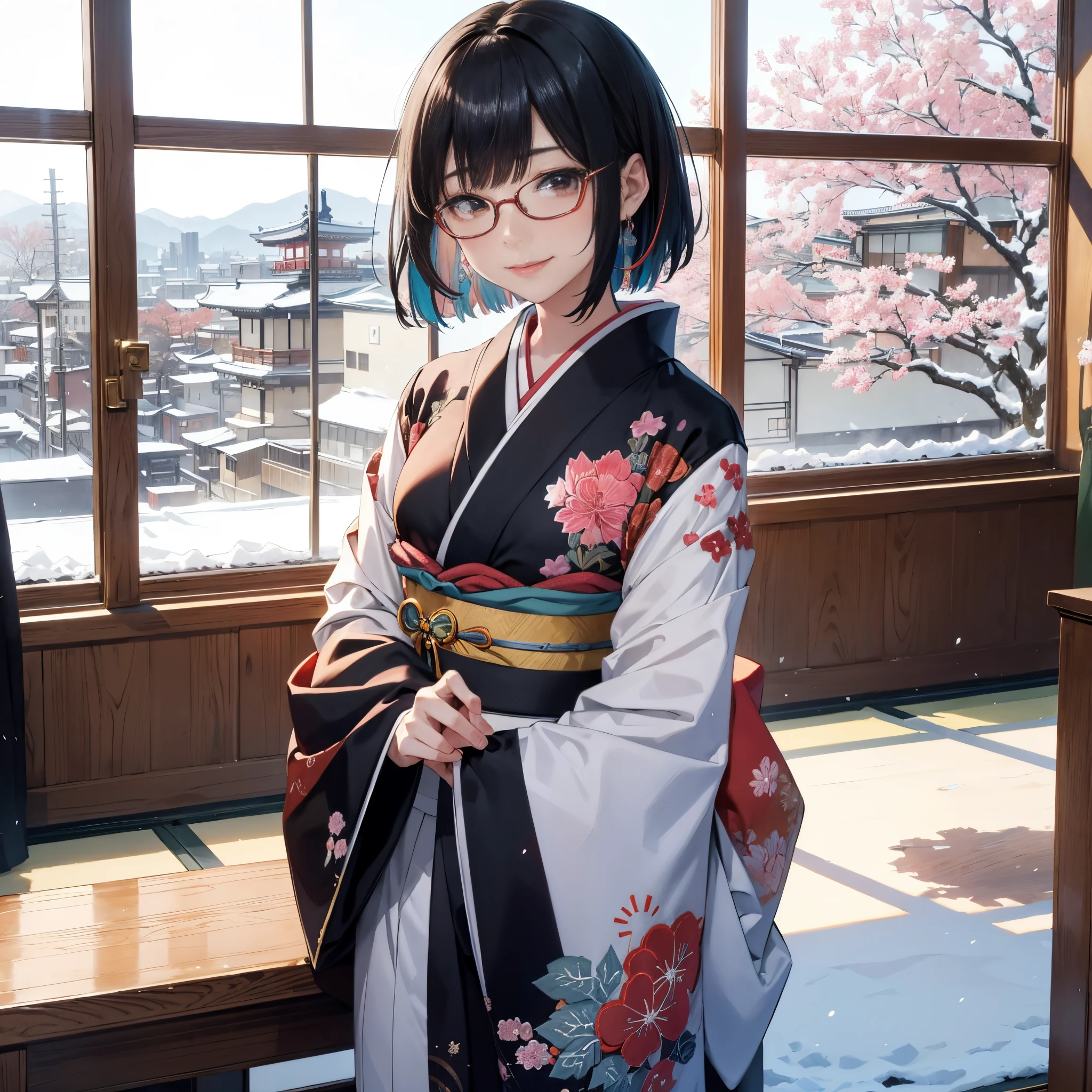 Background of details(Outside the window is the snowy city of Kyoto),BREAK ,elaborate costume(Luxurious Japan kimono(Colorful kimono(detailed embroidery))),BREAK,(1 Beautiful and classy adult woman(Shy smile:1.2)(Japanese actressl:1.2)(A dark-haired:1.2(short-hair:1.2)(inner colored(reddish)))),(eye glass:1.2),BREAK,Wallpapers 16K,Blur the background,)(masutepiece,Best Quality,Portrait photos):1.5),全身