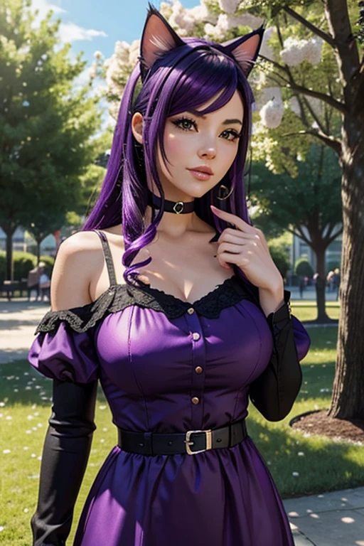 Only one woman , There's an adult woman in a park, 35 years old, Bant over, hands on a tree, Spring Dress, Fucked doggy style, cat ears,, Dark purple hair, black hair and purple streaks, cat ears on head, beautiful chest, Second life avatar, Beautifullscreenshot, Second life,, face view, Front view, seductive woman, high quality, Very detailed skin