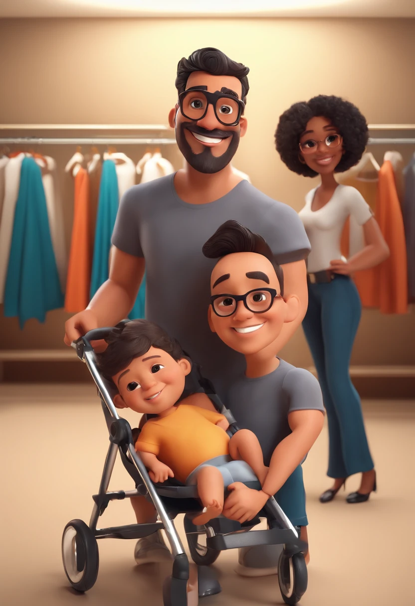 cartoon character of a family taking a photo in front of a mirror and behind is the background of a clothing store,the man doesn&#39;t wear glasses, homem tem uma barba preta baixa, homem com cabelo preto social curto, homem tem a pele moreno claro, homem usando uma camisa cinza escuro, mulher usa oculos, mulher pele clara, mulher cabelo preto cacheado, mulher com um vestido longo preto, mulher com uma sapatilha branca, baby boy sitting in a stroller, baby boy light skin, baby boy short black hair, animation character, Caractere estilizado, animation style rendering, 3D estilizado, Arnold Maya render, 3 d render stylized, toon render keyshot, Personagem 3D, Personagem 3D, 3d rendering stylized, 3 d character render, personagem de desenho animado, Personagem de close up, Pose de personagem,  (Estilo Pixar) (master part:1.2) (Bokeh) (best quality) (pele detalhada) (textura detalhada) (8k) (argila) (Cinematic lighting) (foco nítido)