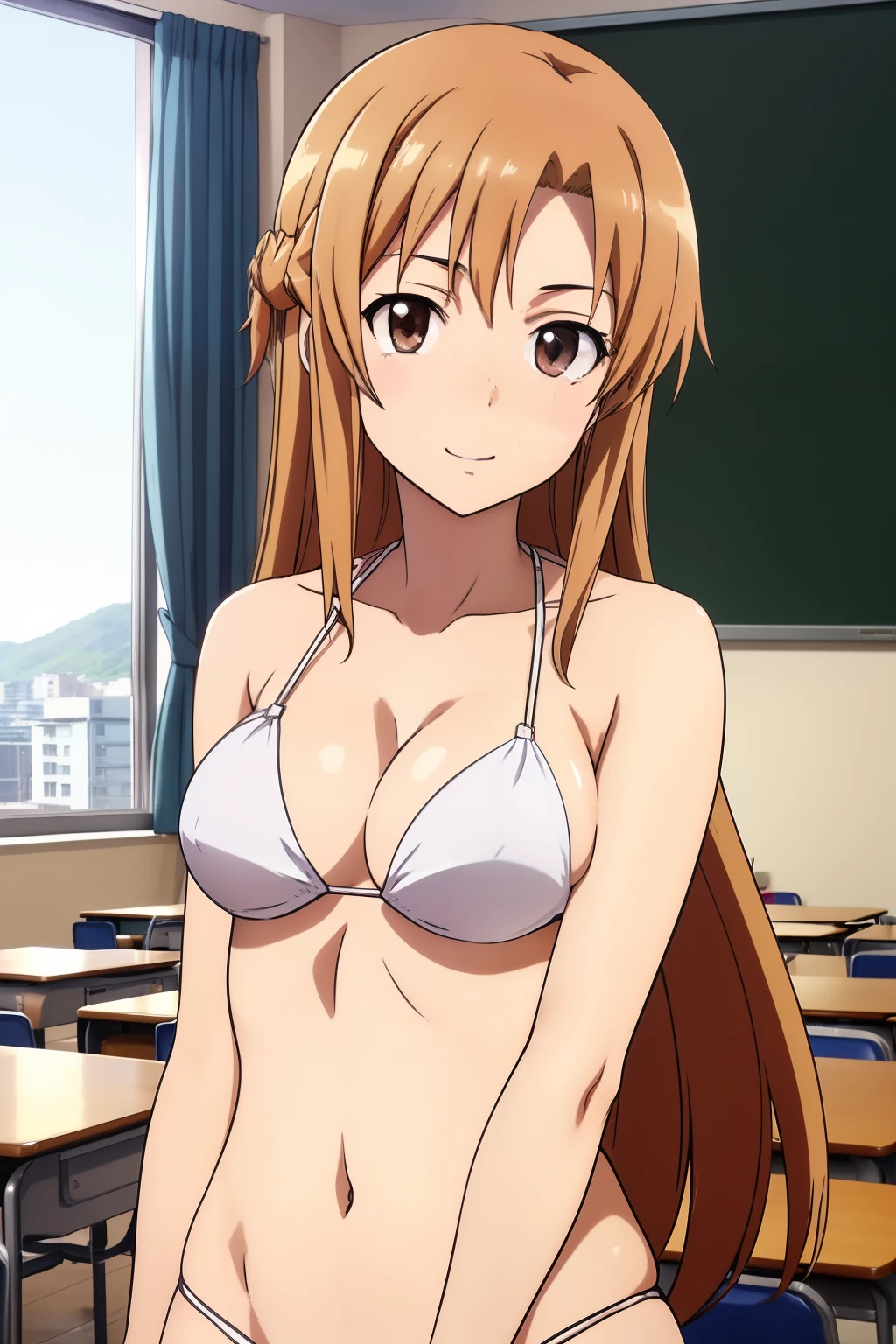 ((masutepiece, Best Quality, High resolution, anime screen cap, anime colours, in 8K, anime keyvisual)):1.5, Asuna, 1girl in, Cute, Shy smile, (Light brown long hair:1.5), 14years, (Oversized large sagging breasts:1.5), cleavage, ((White Micro Bikini:1.5, Thin fabric)), Navel Ejection, Lower your arms, Upper body, Classroom, ((Perfect Anatomy, beautifull detailed face, Beautiful detailed eyes, beautiful detailed hair, Beautiful detailed body)), thick outline, Beautiful outlines, black outlines