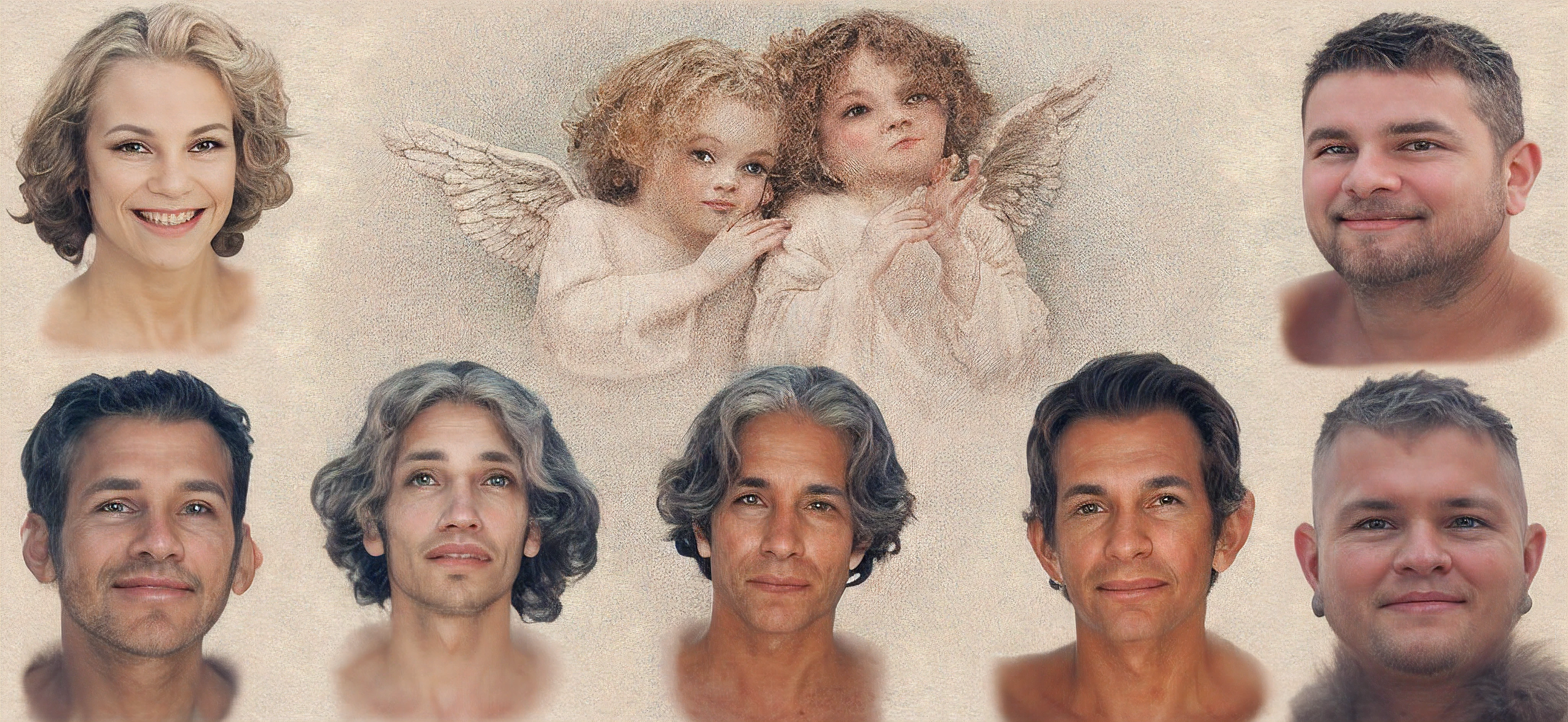 imagem arafada de um grupo de pessoas com anjos e cherensils, Anjos, anjos biblicamente precisos, 2 anjos, some cosmic angels, cheio de pinturas de anjos, angelic features, Tema de anjo, beautiful highly symmetric faces, transformation portrait, anjos em vestidos de gaze branca, querubins, anjos voadores, angelheaded hipsters