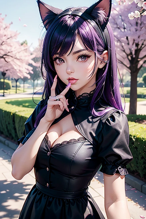 Only one woman , There's an adult woman in a park, 35 years old, Bant over, hands on a tree, Spring Dress, Fucked doggy style, cat ears,, Dark purple hair, black hair and purple streaks, cat ears on head, beautiful chest, Second life avatar, Beautifullscreenshot, Second life,, face view, Front view, seductive woman, high quality, Very detailed skin