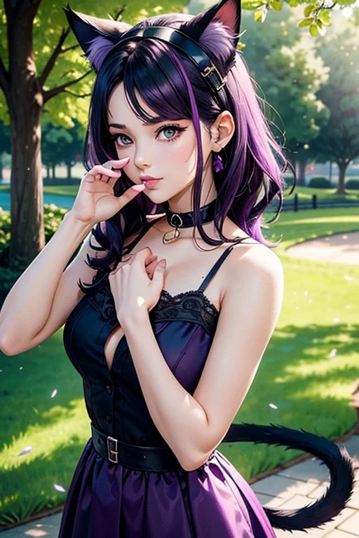 Only one woman , There's an adult woman in a park, 35 years old, Bant over, hands on a tree, Spring Dress, Fucked doggy style, cat ears,, Dark purple hair, black hair and purple streaks, cat ears on head, beautiful chest, Second life avatar, Beautifullscreenshot, Second life,, face view, Front view, seductive woman, high quality, Very detailed skin
