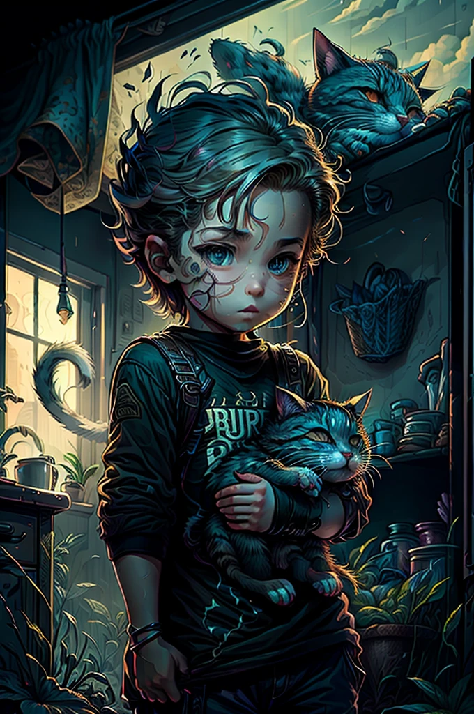 a cute boy and his kitten