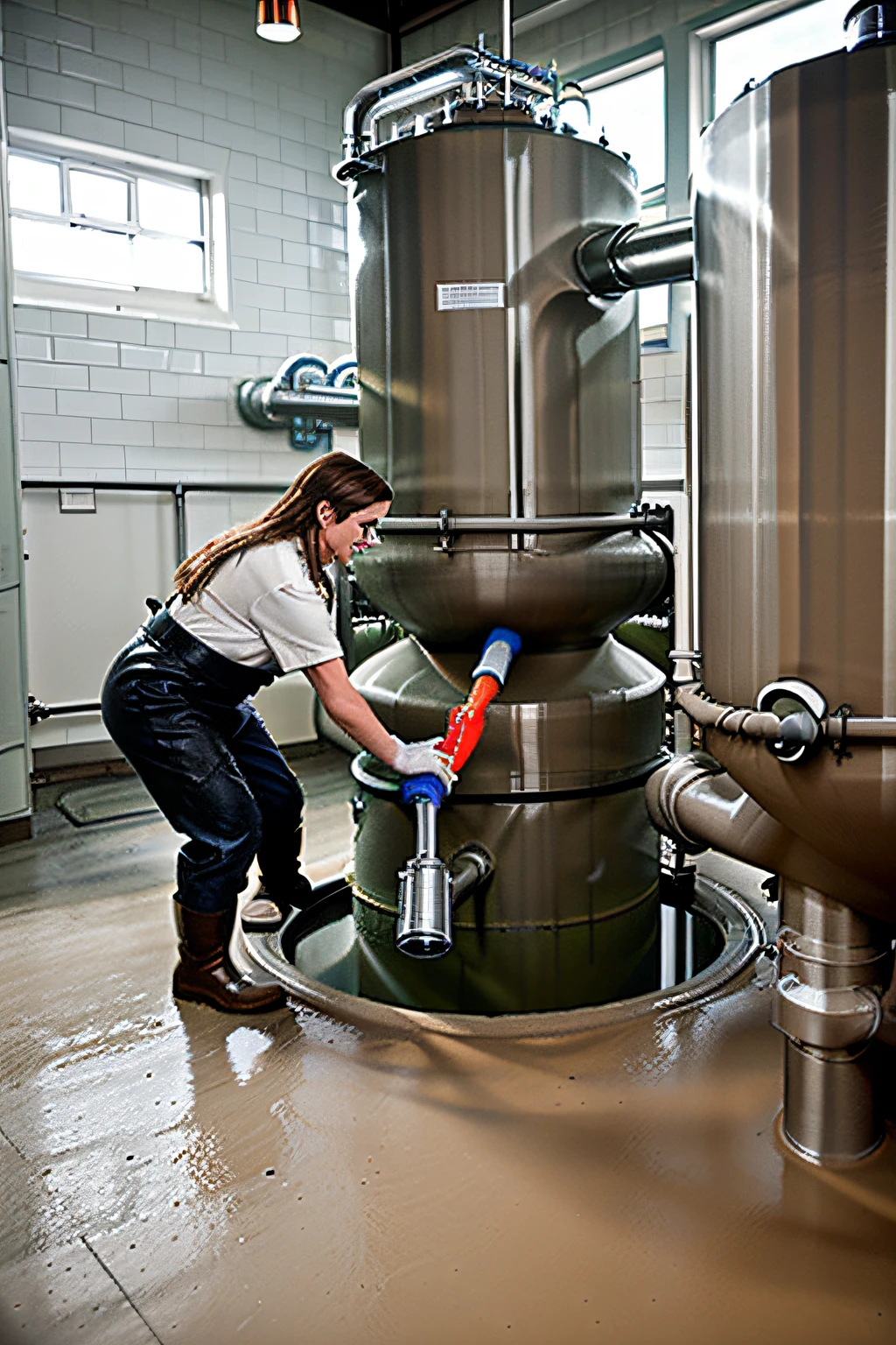 Three women work in a small sewage treatment plant. You connect the plastic pipes to the filters. You can see an aerator bar on the floor. the room is made of stainless steel.
