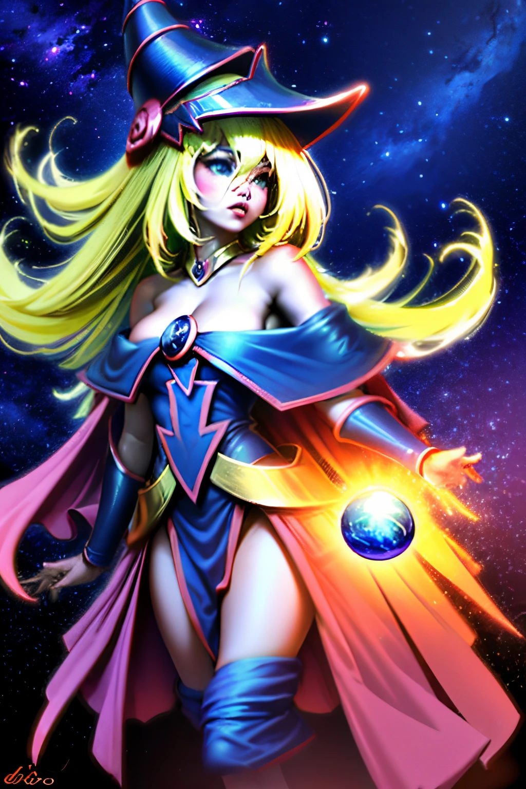 Giles magos oscuros. magos oscuros. ojos azules. cabello rubio. labios rojos. Detailed features.., cosmic colors, Ethereal lighting, Pintura surrealista, High resolution, Otherworldly atmosphere, Seres celestiales. Hermosa diosa