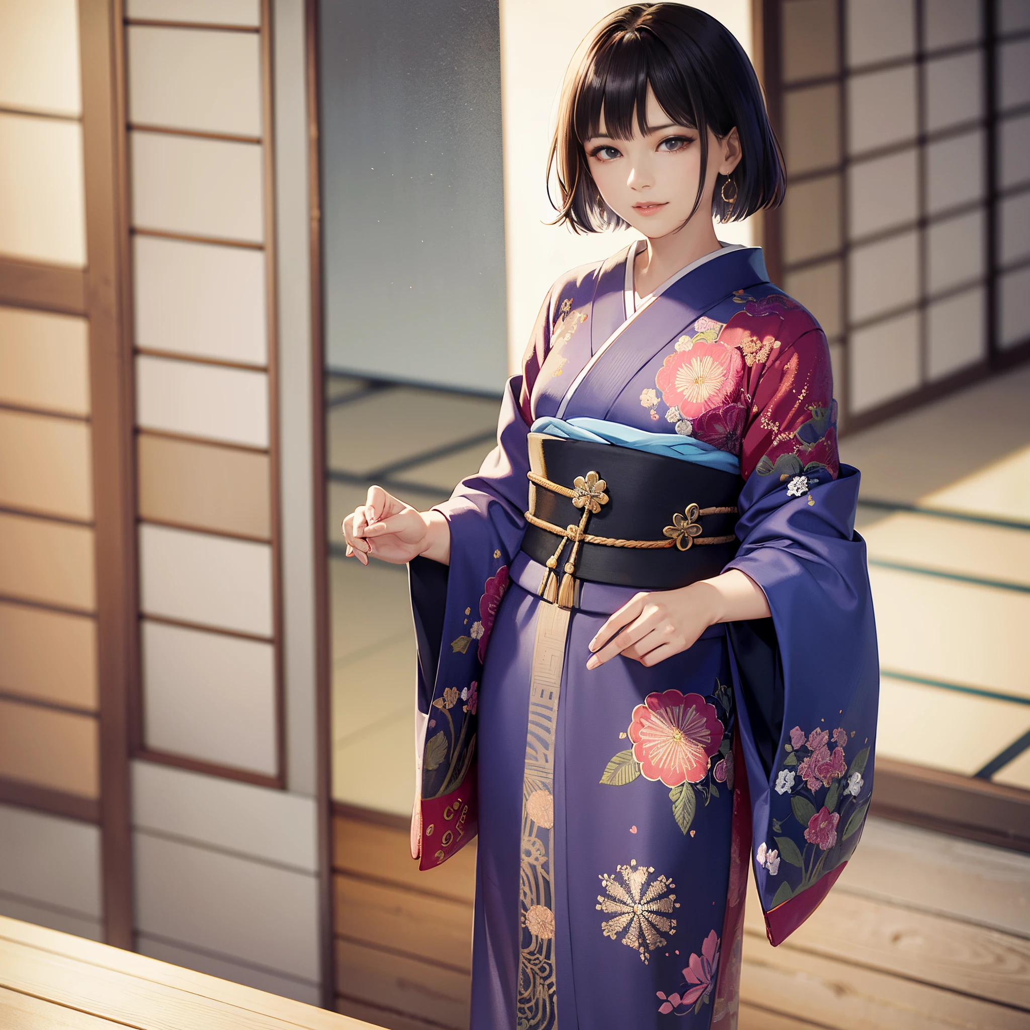 Background of details(Outside the window is the snowy city of Kyoto),BREAK ,elaborate costume(Luxurious Japan kimono(Colorful kimono(detailed embroidery))),BREAK,(1 Beautiful and classy adult woman(Shy smile:1.2)(Japanese actressl:1.2)(A dark-haired:1.2(short-hair:1.2)(inner colored(reddish)))),(eye glass:1.2),BREAK,Wallpapers 16K,Blur the background,)(masutepiece,Best Quality,Portrait photos):1.5),全身