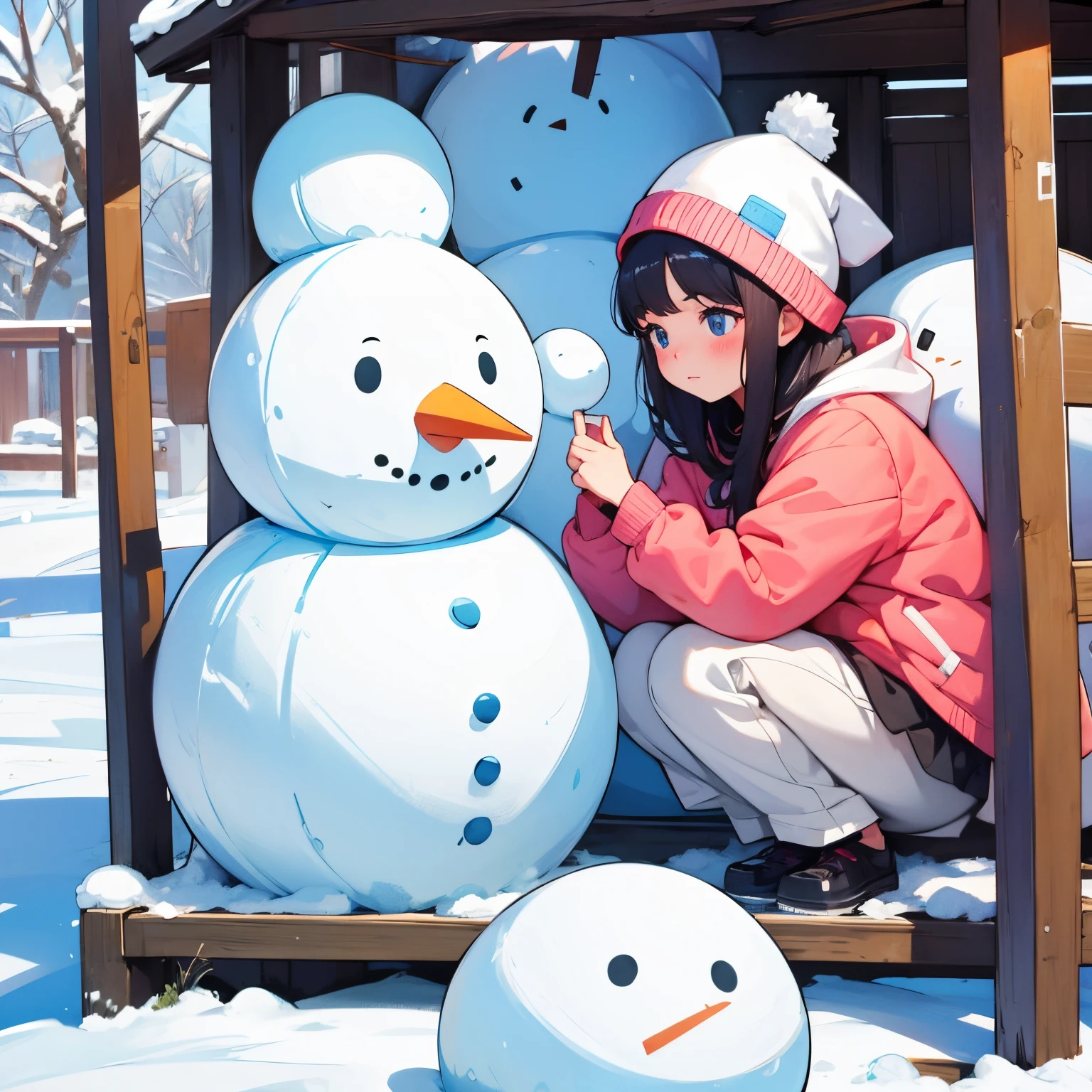 (masterpiece:1.2, best quality), 2girls, petite, young teen 10yo, slim, colorful down jacket, (children's print panties), long hair, rolling a big snow ball, making a snowman, smile, laugh, fun, play, winter, snow, white, bright, watercolor