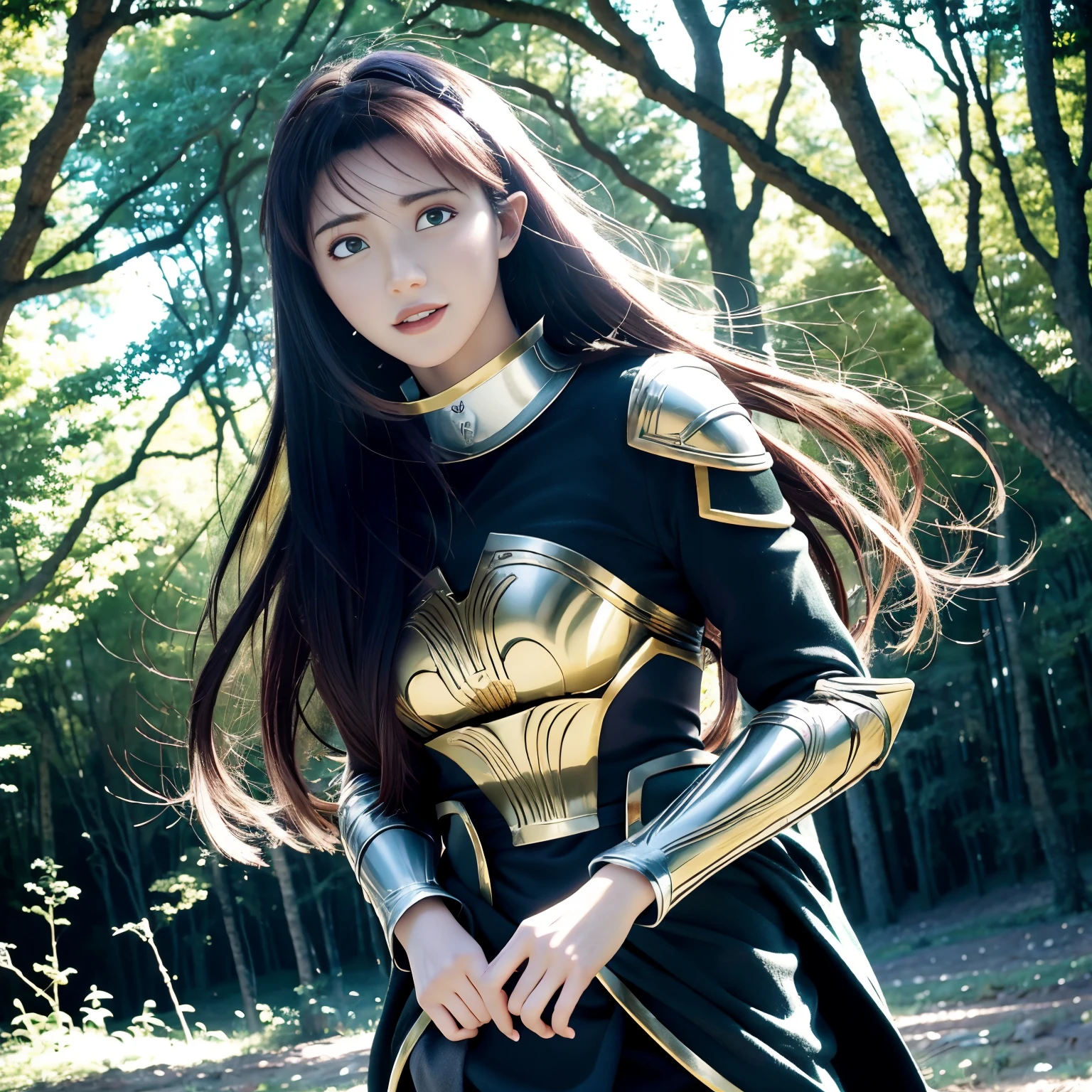 Hinata com armadura do Shaka de Virgem dos Cavaleiros dos zodiaco, extremamente bonita, maquiagem sutil, hora dourada, fotorrealista, alto contraste, 8k HD, detalhado, hiper-detalhado, textura de pele realista, peito grande (5:1), melhor qualidade, ultra alta res, foto crua, lighting dramatic, motor irreal, brilho difuso, ao ar livre, floresta escura detalhada realista, folhas caindo, brisa, segurando uma pequena espada