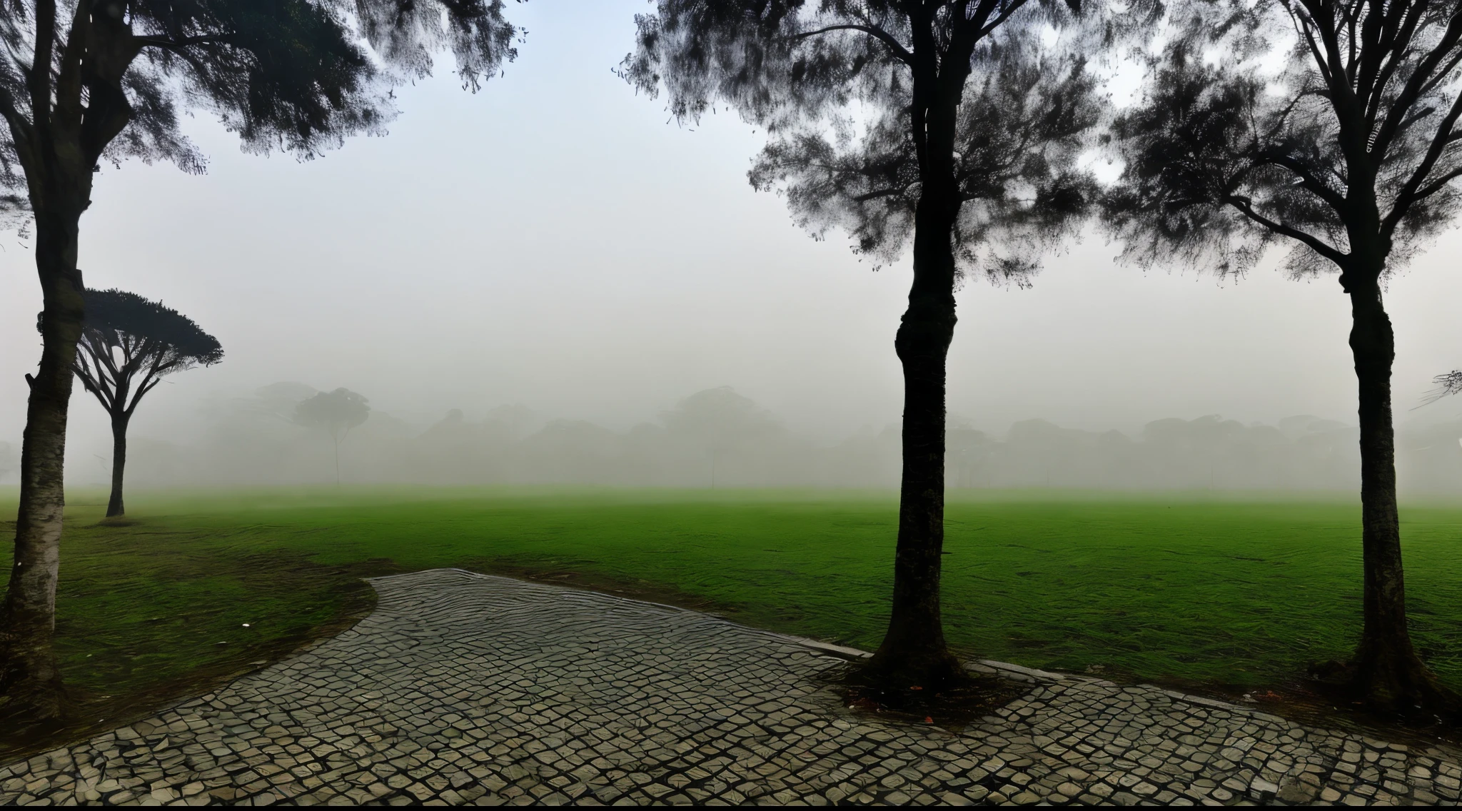 Campo escuro com neblina