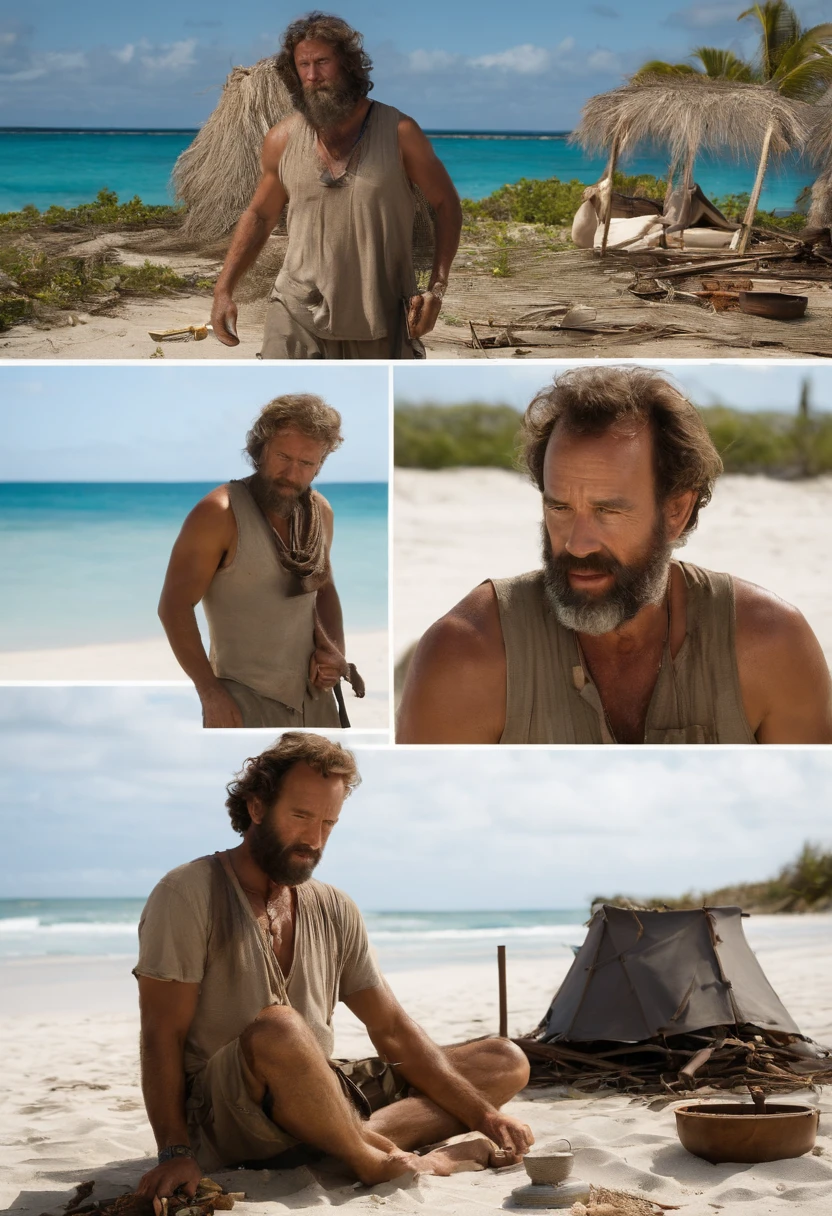 A photo of Chuck standing next to a makeshift shelter he built on the beach, with a small fire pit and some tools nearby.,Cast Away (film),Chuck Noland, portrayed by Tom Hanks in the film “Cast Away,” is currently stranded on a deserted island in the Pacific Ocean. Sunburnt and bearded, with long, unkempt hair, his physical condition reflects the harsh realities of island survival. He has a rugged, weathered look, with tattered clothes and a leaner physique due to the scarcity of food.
