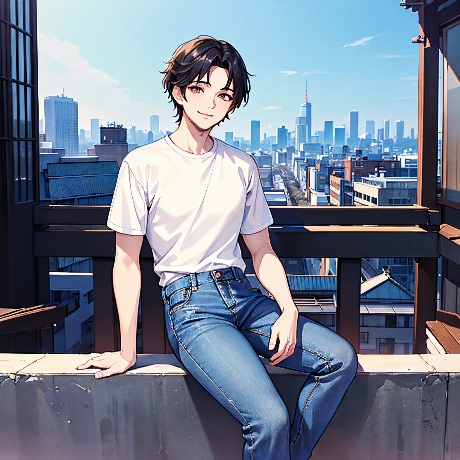 (best quality), (superior quality), male, asian male, kpop star, BTS, cravity, black hair, pale skin, no beards, muscular, white shirt with jeans denim, sitting pose, looking at the camera, smiling,  city back ground, korean city back ground