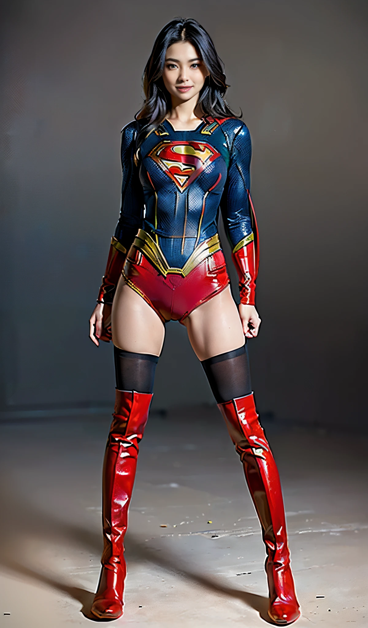 Asian beautiful girl face、Suffering、mouth is always open sloppily、Drool is always dripping from my mouth、Asian Beautiful Girl、(((Wear black tights on your beautiful legs.)))、(((beauty legs)))、(((facial expression of smile)))、((((Make the most of the original image)))、(((Supergirl Costume)))、(((a short bob、beautiful hairl)))、(((Suffering)))、(((Feet must necessarily be worn with black tights)))、(((You need to wear red boots)))、((Top image quality、8K))、((top-quality、8K、masterpiece:1.3))、(((Keep your background simple)))、Crisp focus:1.2、Beautiful woman with perfect body shape:1.4、Slender Abs:1.2、a wet body:1.5、Highly detailed facial and skin texture、8K、beauty legs