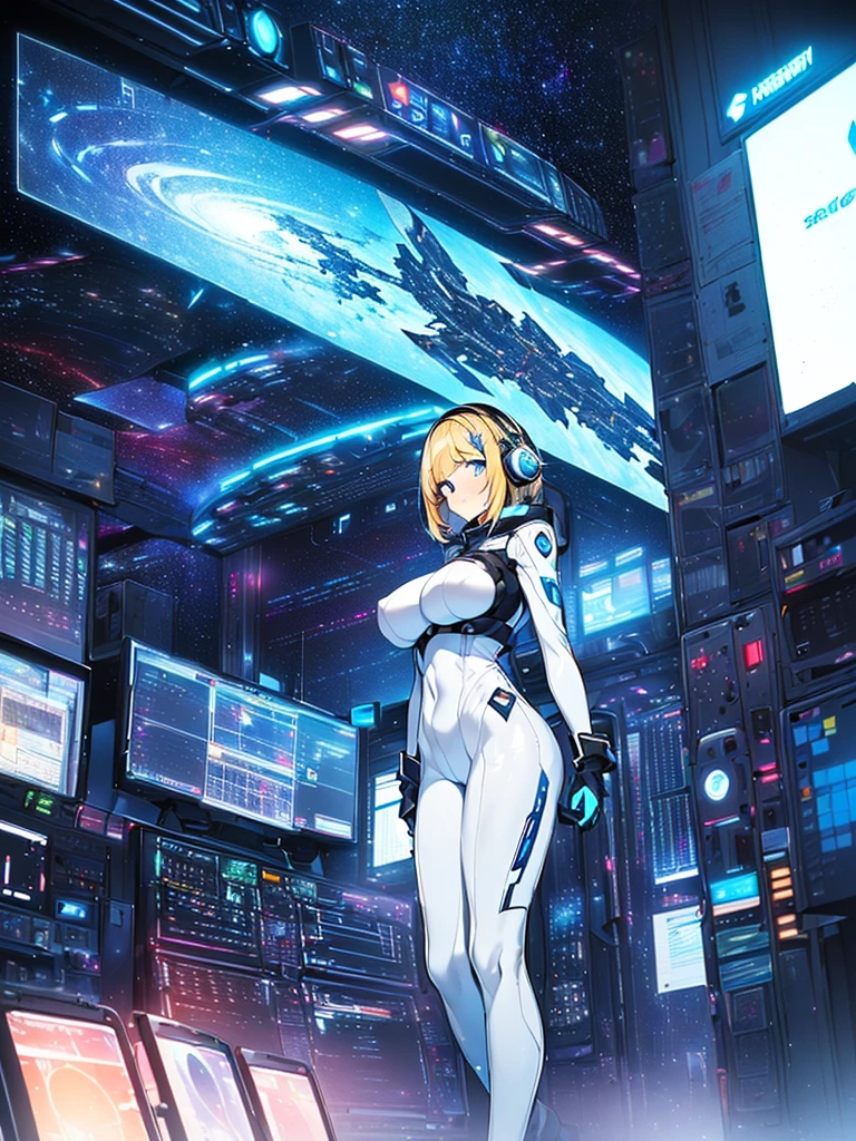 masterpiece:1.4, 1girl in ((20yr old, Wearing a futuristic white and silver costume, Tight Fit Bodysuit, long boots, Very gigantic-breasts, Multicolored blonde hair, a short bob, Perfect model body, Blue eyes:1.4, Wearing headphones, Flirting, Looking out the window of the futuristic sci-fi space station、While admiring the beautiful galaxy:1.2, SFSF control room on night background:1.1, Neon and energetic atmosphere:1.2)) ((Galaxy)) ((Solo:1.6))
