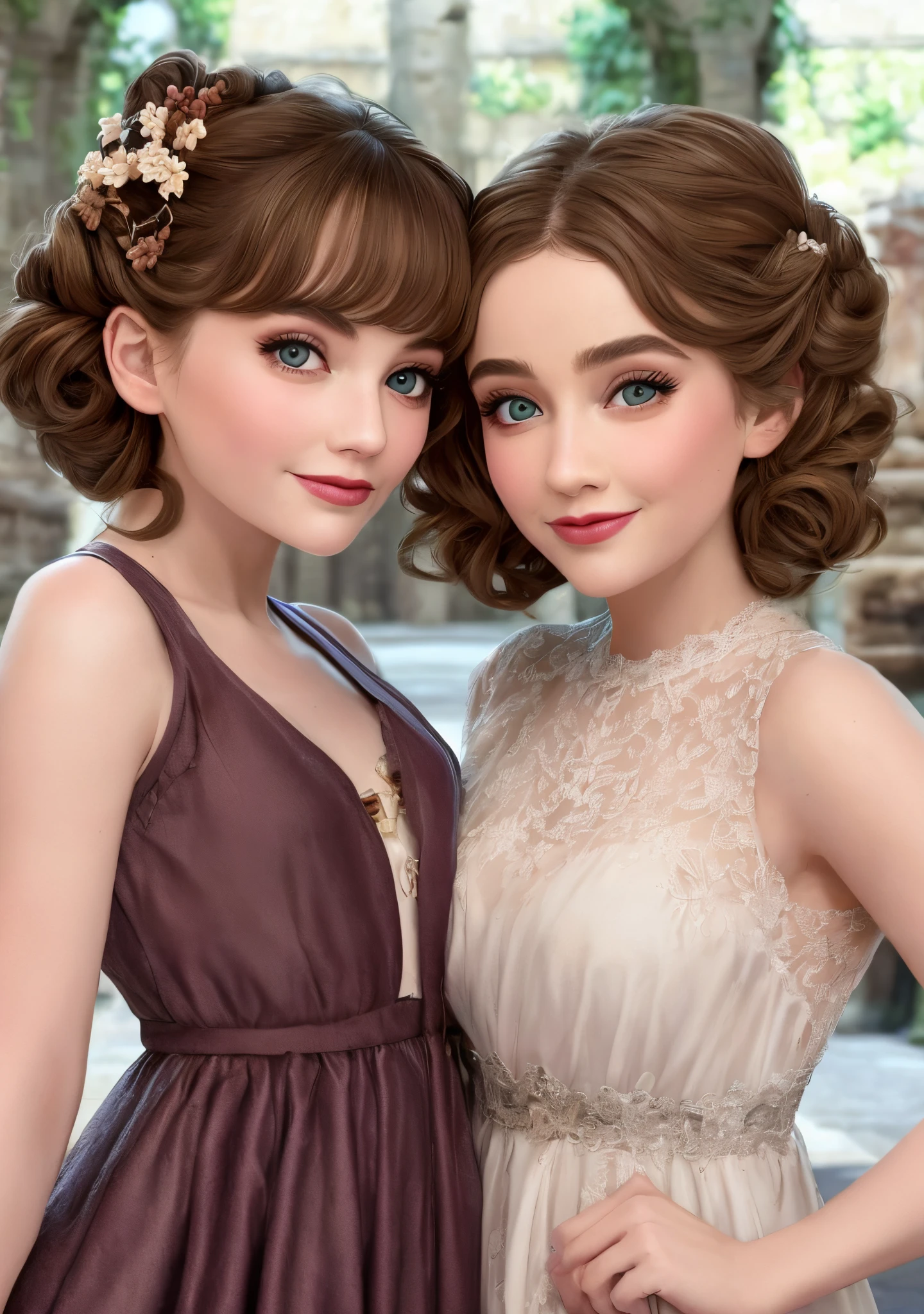 due bambine una bionda riccia occhi verdi e altra riccia castana mulatta e occhi marroni stile pixar