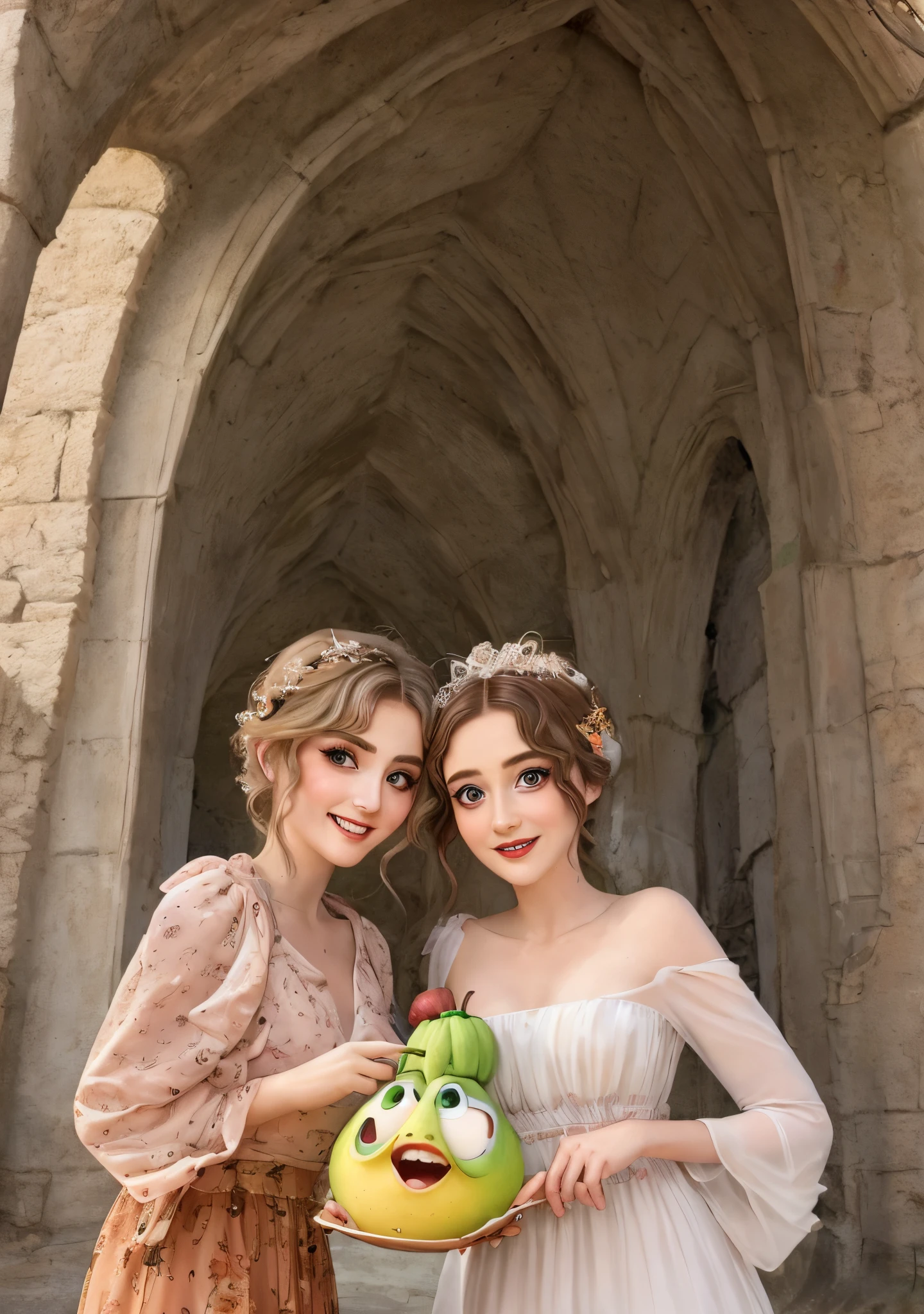 due bambine una bionda riccia occhi verdi e altra riccia castana mulatta e occhi marroni stile pixar
