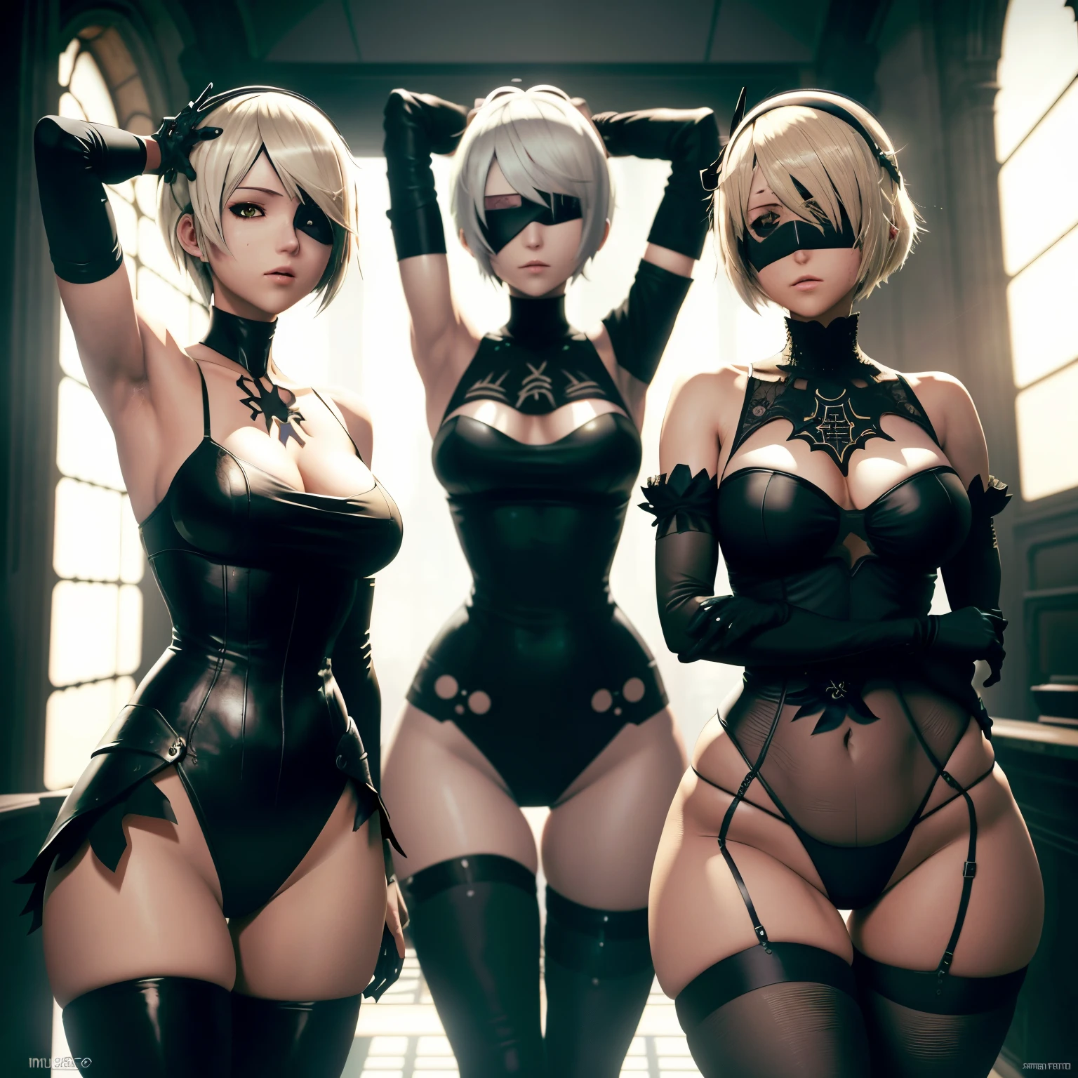 (masutepiece, Nier Automata 2B with black blindfold posing with arms behind head,1.5) (Best Quality, Cinematic lighting: 1.5), Perfect eyes, Perfect face, Volumetric lighting, Cinematic presentation in a sunlit atmosphere,Slight frills, Black stockings, Seductive, The background is the setting of the cathedral on a romantic evening, Super Close Shot, Very emphasized hourglass figure, the skin is greasy. goose bumps. Beautiful long legs