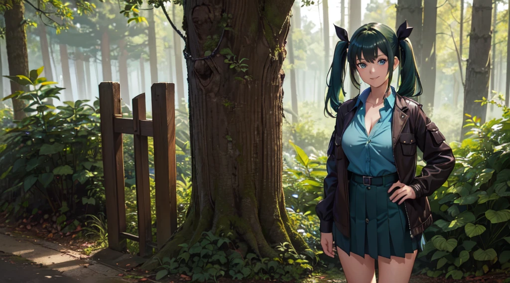 1girl, solo, ((full body)), forest, dark green hair, twintail, large breasts, ((blue button down shirt)), ((shirt worn outside)), ((opened brown zipper jacket)), dark blue eyes, ((unbuttoned shirt)), skirt, smile, looking at the viewer, standing, hair ribbon, hand on hip